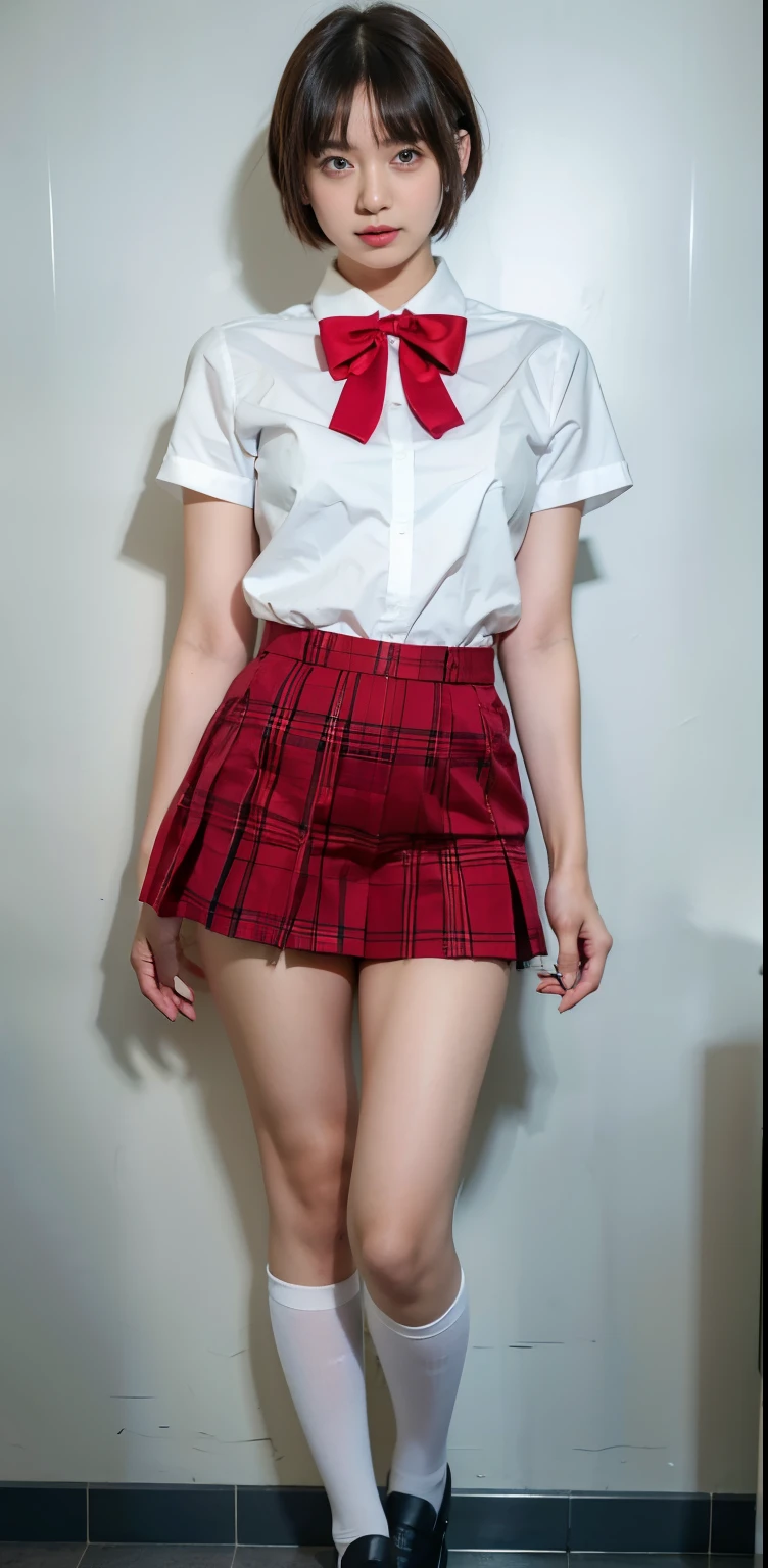 Seifuku Cosplay,Seifuku Cosplayershort hair,arms behind,Front body, front, slender body,Are standing ,(8K, RAW photo, highest quality, masterpiece:1.2), (realistic, photo-realistic:1.37), super detailed,(detailed beautiful girl:1.4),1 girl, full body shot, 