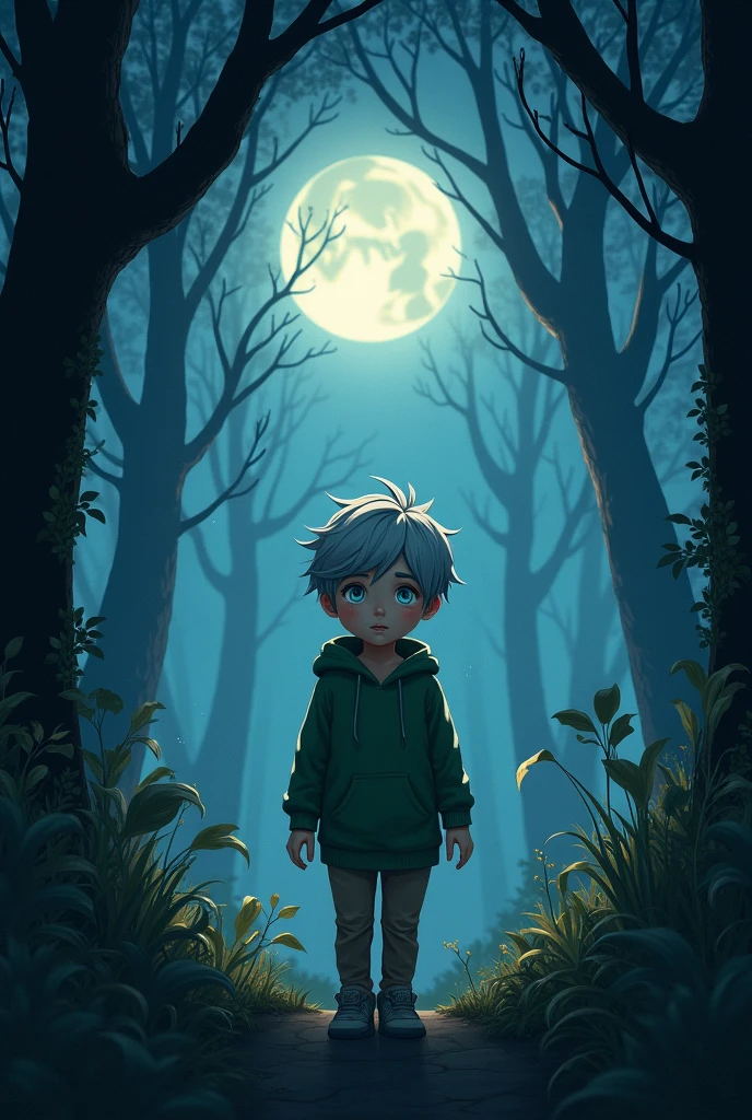 Boy, Forest background, Moonlight, Green Hoodie, Blue eyes, Gray hair ...