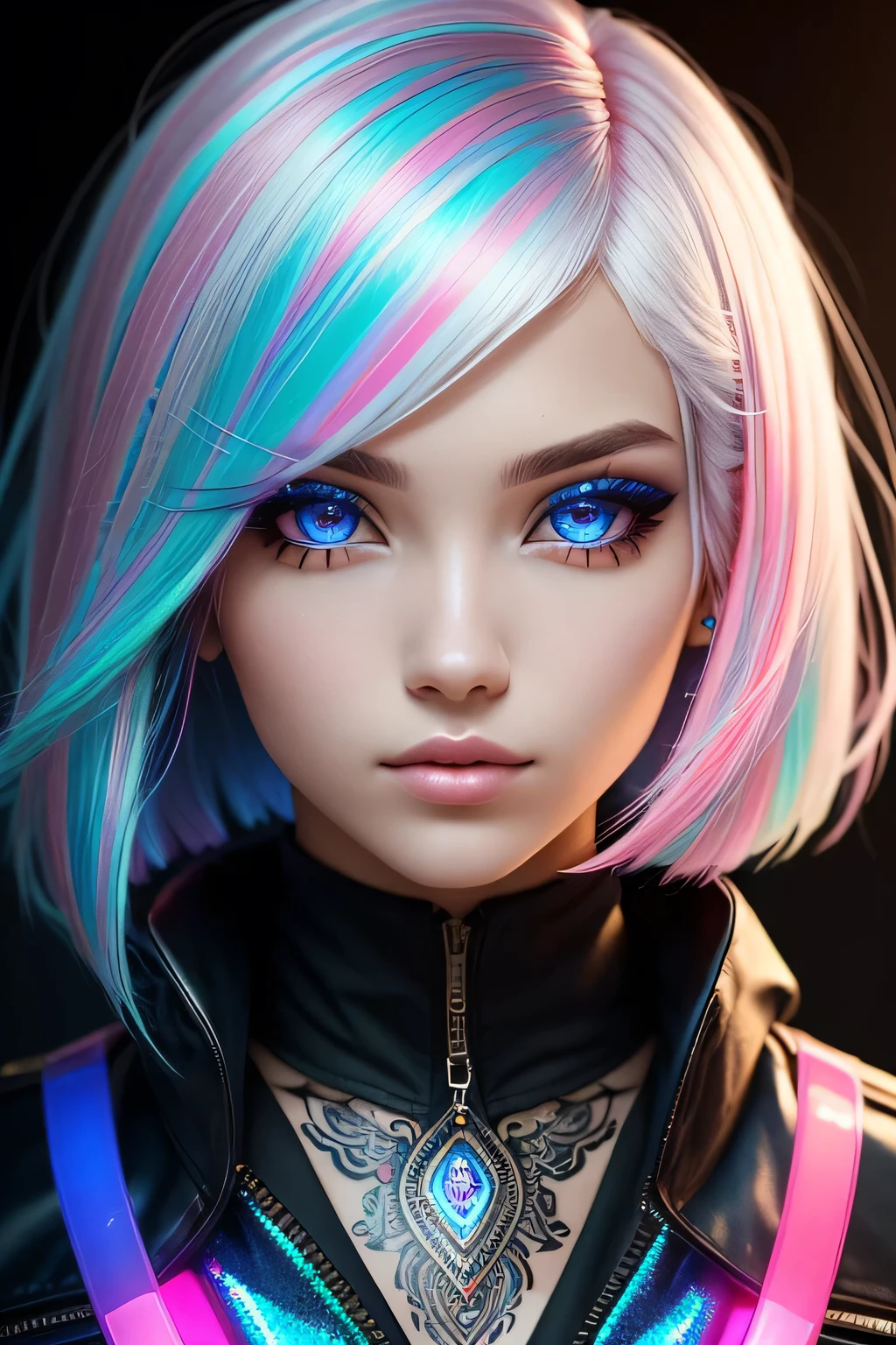 This pretty girl with bright eyes in synthography style has short, vibrant hair, carefully styled in shades of pastel blue and pink. Its intense gauze is underscored by its multi-coloured irises, which seem to illuminate the room. Your skin is smooth and translucent, with slight futuristic elements incorporated, such as small sparkles on the face. She wears soft makeup, with subtle neon touches that enhance your captivating expression. His style is bold and avant-garde, with clothes that mix technological elements and a retro touch, like a metallic dress and holographic boots. An aura of creativity and curiosity surrounds her, making her an inspiring figure in the world of art and technology. Highly detailed background:1.0), (Highly detailed background:1.0), (master part), high quality, 1girl, Woman, tattoo, depth of field, dynamic lighting, high-quality shadows,, white hair