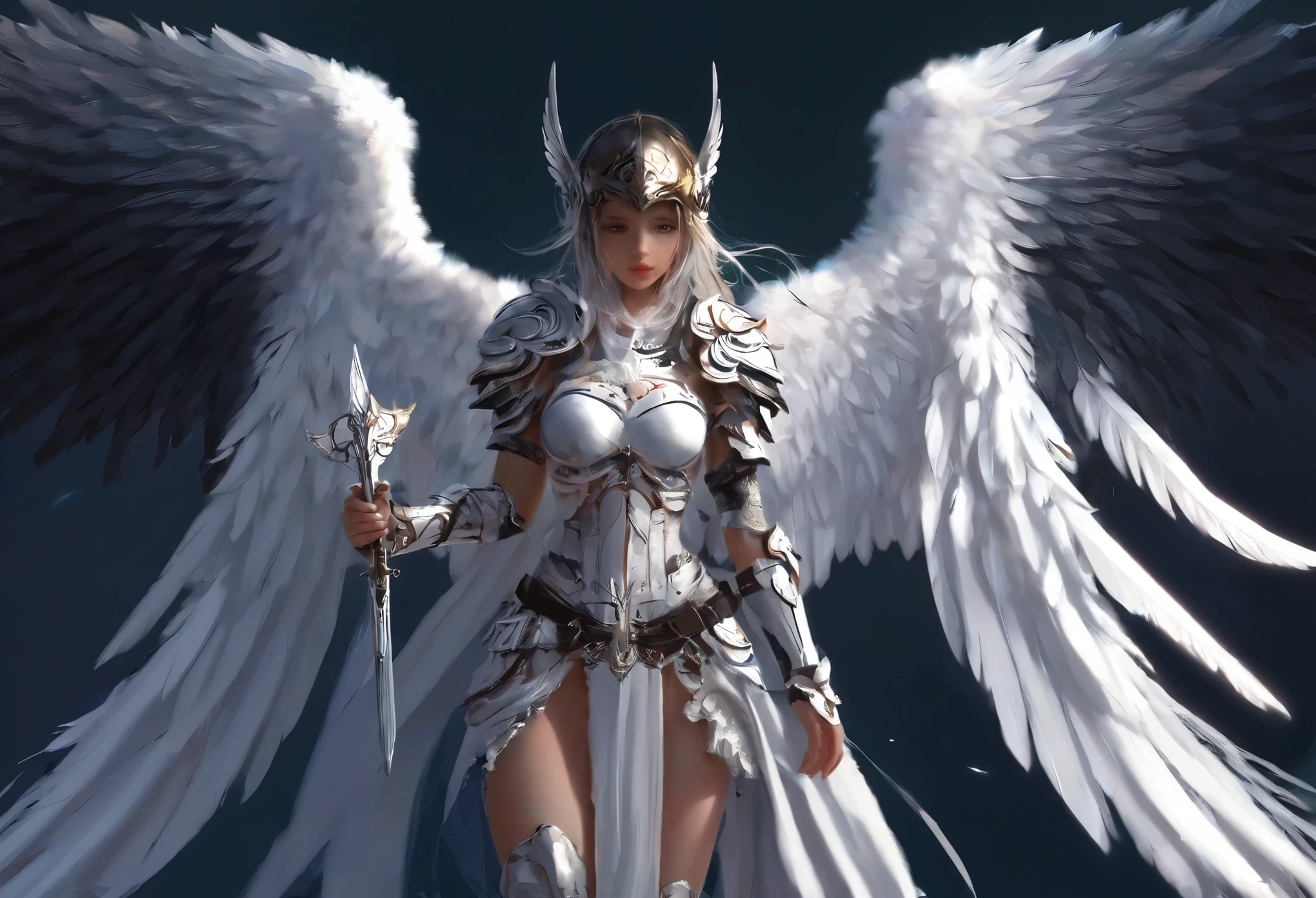 1girl angel Winged helmet mask angel_wings armor feathers_Long wing feathers_Hair Shoulder Armor Shoulder_Armor single piece_Wing separate upper part_The body is white_Theme White_Wings Wings