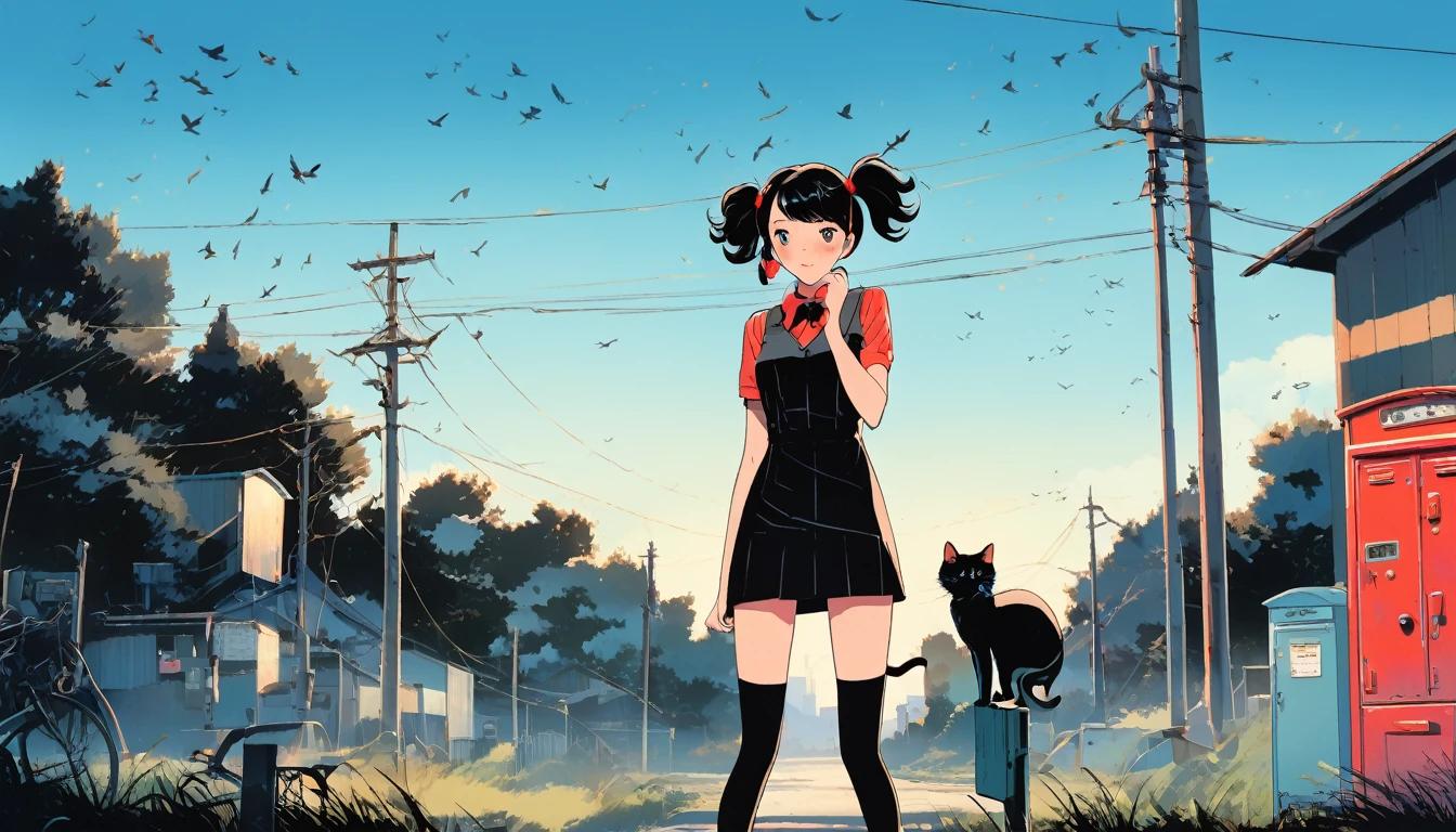 score_9, score_8_up, score_7_up, score_6_up, Low-angle view of an anime-style girl in a black dress and thigh-high stockings, standing next to a red mailbox with a cat-face design. Bright, vibrant colors with a clear blue sky, fluffy yellow clouds, and birds flying. Strong lighting, dynamic pose with hands at her sides, tousled black hair in pigtails, urban background with telephone poles and power lines. Vibrant, slightly surreal atmosphere, with exaggerated color contrast and warm shadows, overgrown grass in foreground. Cell-shaded art, stylized visuals, flat shading, sharp contrasts, minimalistic shadow, vivid colors, simple color palette, bold line work, flat and two-dimensional, minimalistic shapes
