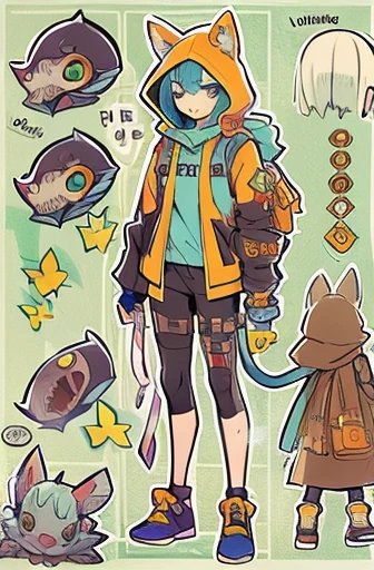 Boyish girl and creepy cute monster buddy、anime-like、Adventurer、A determined smile、Brown hair with light blue mesh、Monocle with analytical ability、Sporty、Emblem with the Ouroboros ring motif、cap with cat ears、He is equipped with a mechanical gauntlet on his right hand.、orange hoodie、Knee guard、lace up boots、One Shoulder Bag、。character design sheet、The monster is inspired by Giger.、ExpeditionStyle、Monster is mshn robo style、Card game style