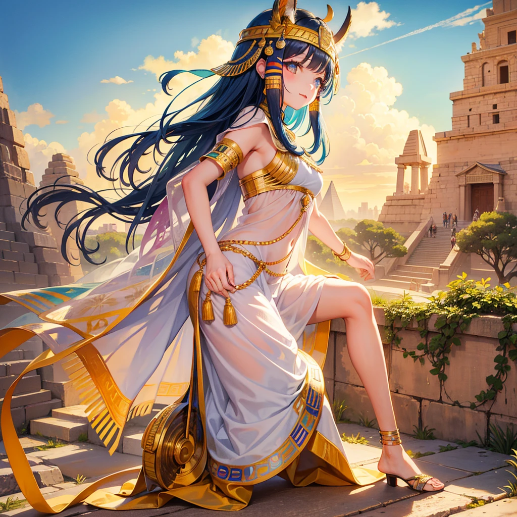 Cute Ancient Egyptian Girl、A hill overlooking the colorful temples of ancient Egypt、A colorful view of the whole city