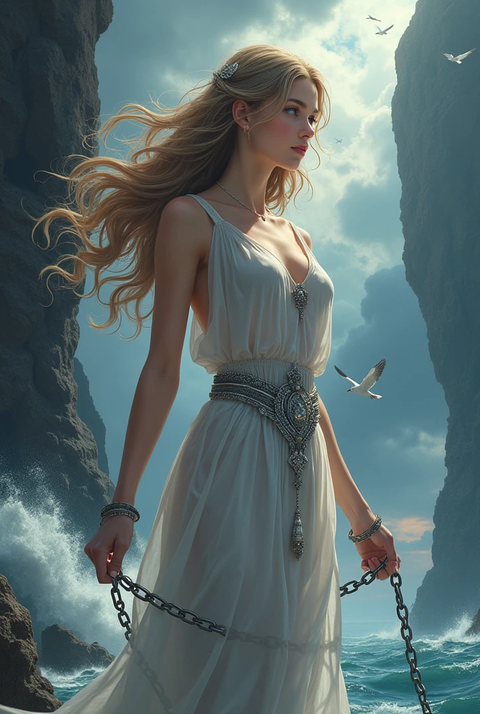 (Best Picture Quality, 4k, 8k, Hi-Res, Masterpiece:1.2), (Ultra-Detailed, Realistic, Graphic:1.37), (Severe Situation:1.1), (A scene from ancient Greek mythology, beautiful Princess Andromeda sacrificed by a monster:1.2), ((Lying on her back on a sacrifice table on a wharf:1.5)), a blonde with chains around her wrists Large shot of Andromeda, a beautiful naked woman with blue eyes, from behind. (shackles on her hands with chains attached:1.6), (Andromeda looks in anguish:1.1), In the distance, the upper body of a giant man-eating monster, the Kraken, emerges from the sea, a life-threatening scene; Medium: Illustration, Detailed Illustration, Digital Illustration, Strong Shadows (strong texture:1.1), detail: (eerie atmosphere, eerie clouds, celestial ladder reaching out from between the clouds, dark lighting, murky seawater:1.2), detail: desperate expression of the princess, terrifying eyes, scarred bare feet, rippling muscles of the monster's upper body, scales shining in the sunlight on the monster's body; artistic style: dark Fantasy, terrifying mythical creatures, dramatic composition Color palette: eerie Lighting: eerie moonlight casts unforgettable shadows; spotlight illuminates princess and monster; (amazingly powerful and realistic composition by Greg Rutkowski:1.2)