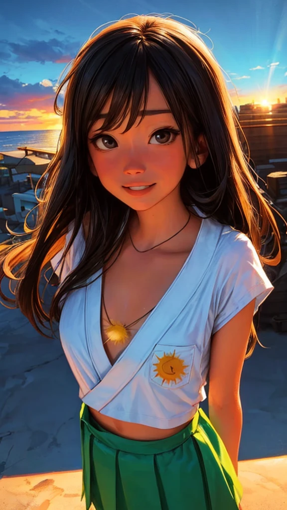 ultra-detailed, vibrant colors, soft natural lighting, fine art, bokeh effect. upper body, casual outfit, medium shot, big eyes, huge eyes, ((standing)), ((sun rays:1.4)), ((Japanese anime style sky:1.4)), ((studio Ghibli:1.3)), ((bright colours:1.5)), ((sunset)), ((sunny atmosphere:1.5)), ((small breasts:1.3)), ((flat chest)), ((neon lights:1.4)), ((beach view on the background:1.4)), ((mini skirt:1.4)), ((view from above:1.4))