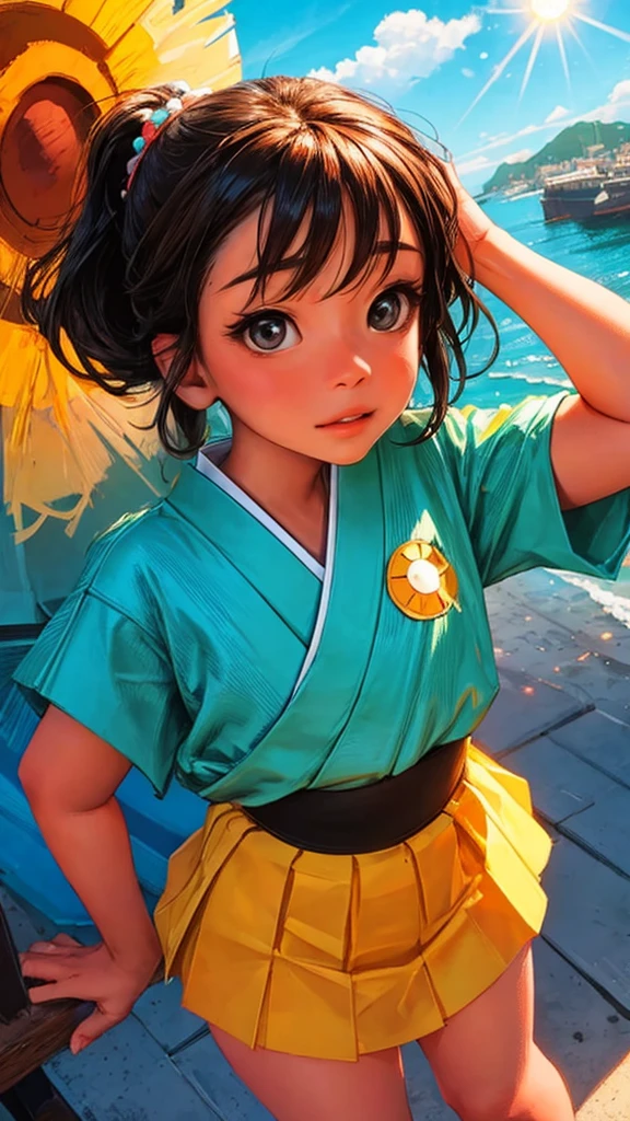 ultra-detailed, vibrant colors, soft natural lighting, fine art, bokeh effect. upper body, casual outfit, medium shot, big eyes, huge eyes, ((standing)), ((sun rays:1.4)), ((Japanese anime style sky:1.4)), ((studio Ghibli:1.3)), ((bright colours:1.5)), ((sunset)), ((sunny atmosphere:1.5)), ((small breasts:1.3)), ((flat chest)), ((neon lights:1.4)), ((beach view on the background:1.4)), ((mini skirt:1.4)), ((view from above:1.4))