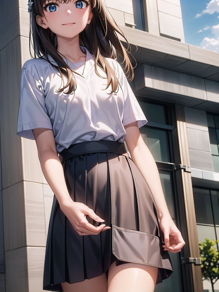 Understood, Saten Ruiko, Black Hair, blue eyes, Long Hair, Hair accessories, Floral decoration,
break セーラー服, blue skirt, pleated skirt, ((ミニskirt:1.5)), Seraphim, skirt, Summer clothes,
break outdoor, null, sun, cloud,
break looking at viewer, (Cowboy Shot:1.5),
break (masterpiece:1.2), Best Quality, High resolution, unity 8k wallpaper, (shape:0.8), (Beautiful attention to detail:1.6), Highly detailed face, Perfect lighting, Extremely detailed CG, (Perfect hands, Perfect Anatomy), Angle from below, Dutch Angle, smile