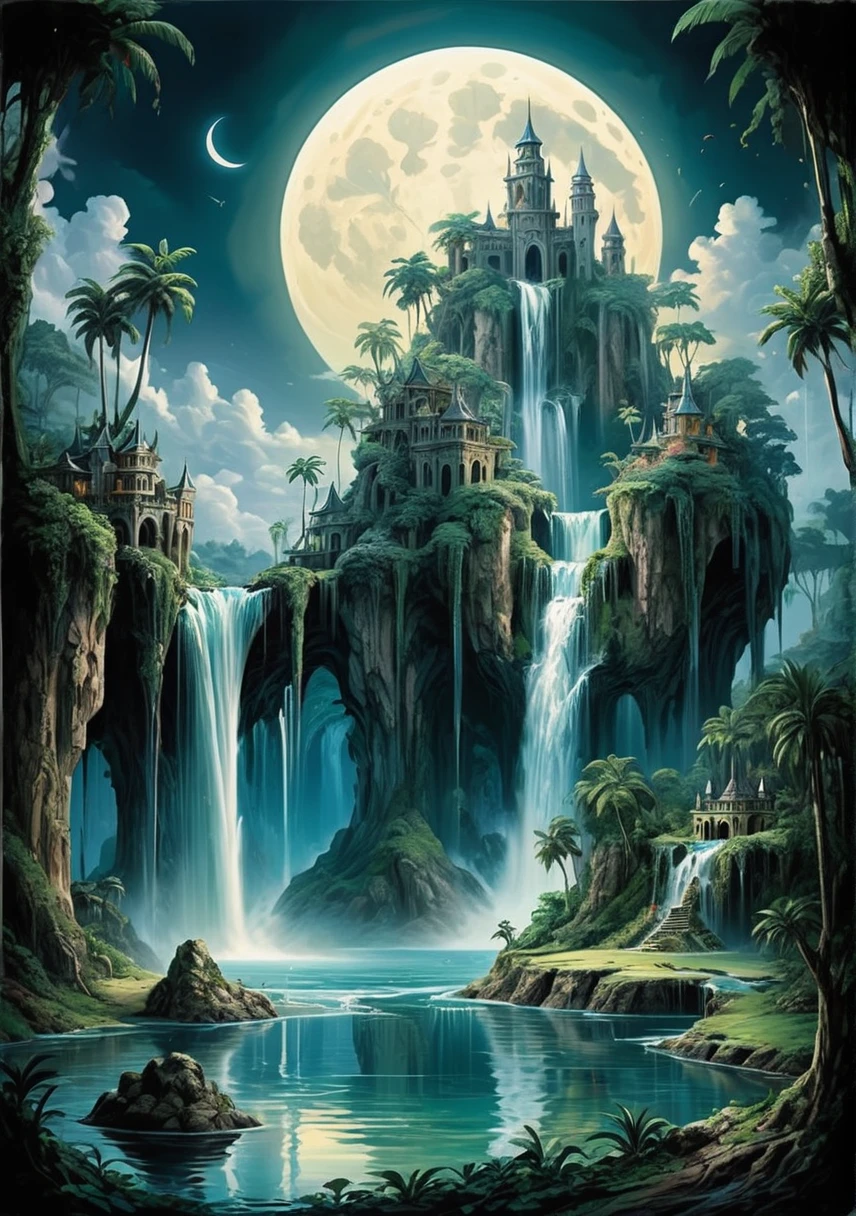 Floating tropical island landscape with cascading waterfall, Distorted unconsciousness, moonlight, Beautifully constructed castle land