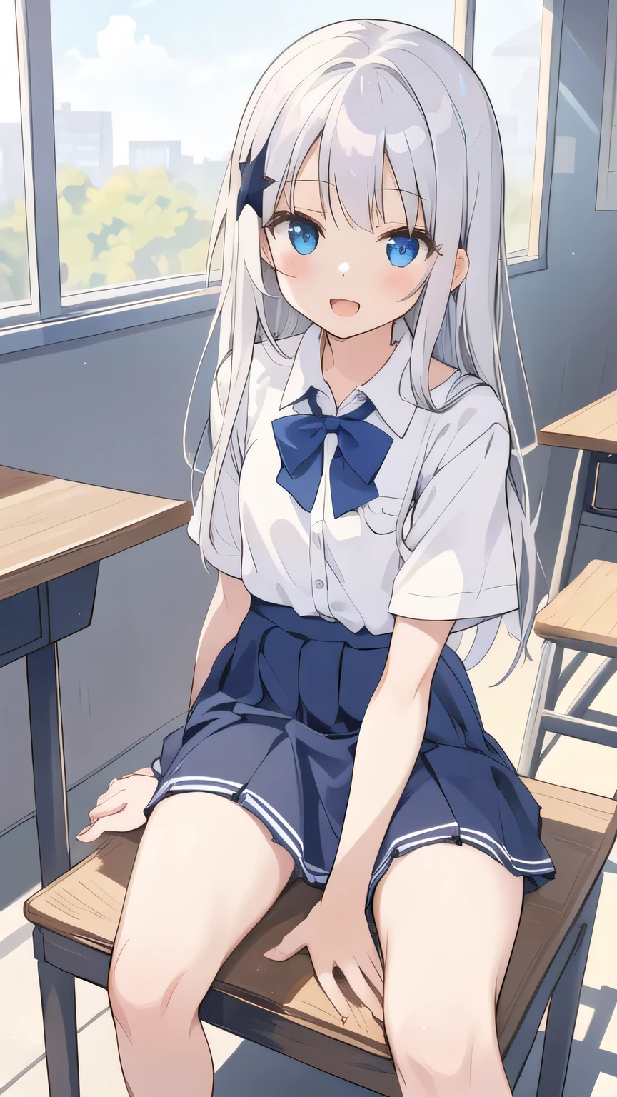 cute girl, アニメ, silver hair, straight hair, Blue eyes, (young:0.9), (small bust:0.5), (cute:1.3), (middle bust:0.8), (cute girl:1.2), cowboy shot, cute, side shot, (Smail:1.3), (temptation:1.4), open mouth, backwards, (sit down:1.5), (open leg:1.4), (spread leg:1.4), white school uniform, dark blue skirt, ローアングル