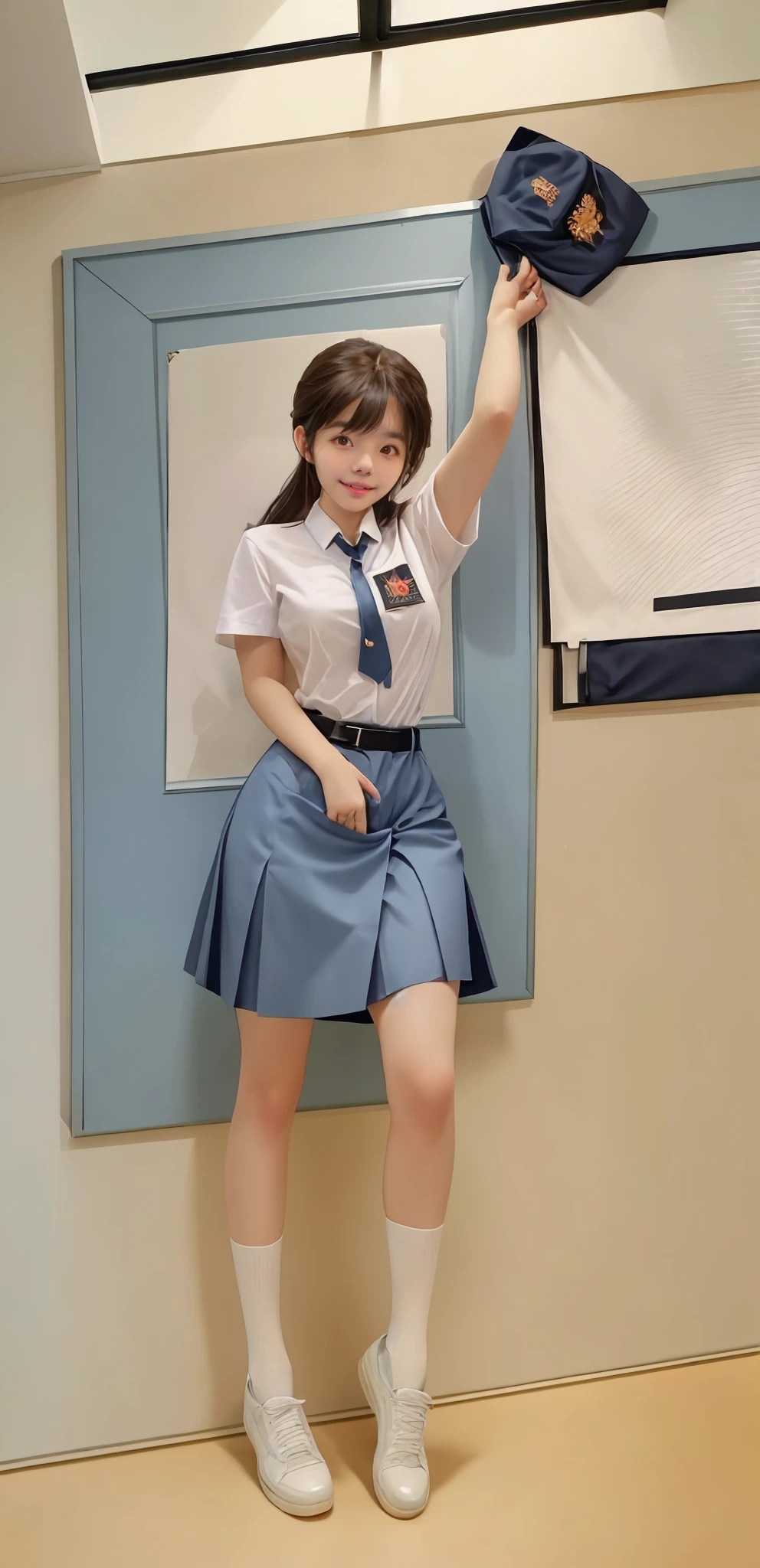 (​masterpiece:1.3), (8K, Photorealsitic, Raw photography, Top image quality: 1.4), japanes, (1girl in), beauitful face, Lifelike face, (A dark-haired, short-hair:1.3), straight haired, Beautiful hairstyle, Realistic eyes, beautidful eyes, real looking skin, Beautiful skin, enticing, hight resolution, A hyper-realistic, high-detail, the golden ratio, see the beholder, Medium chest, (skinny and fit body:1.6), See Through wear, No bra, (Blue and white fitted polo shirt, a short skirt:1.5), up skirt, More transparent, realistic glistening skin, Detailed texture, Dynamic Pose, (Panty shot from below), (Show thighs), (Show panties in the crotch), hip focus, Blue sky, ssmile