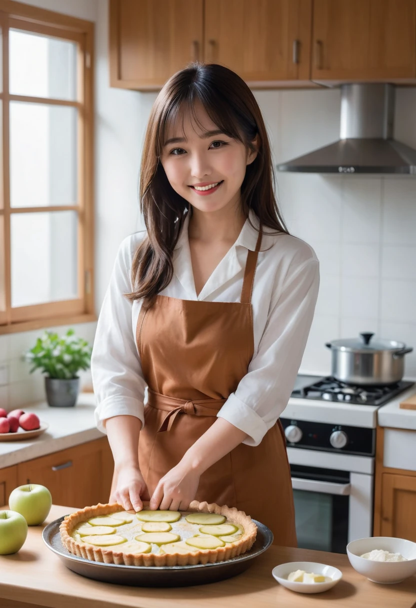 (masterpiece, Highest quality:1.2), (RAW photo), 
(Beautiful  Japanese girl), 
baking an apple tart in the kitchen. 
he is smiling and looking cheerful as she checks the tart in the oven, clearly pleased with her work. 
The kitchen is cozy and warm, with baking ingredients and utensils scattered around. 
The aroma of the freshly baked tart fills the air, 
 The scene captures the joy of baking and a light, cheerful atmosphere.