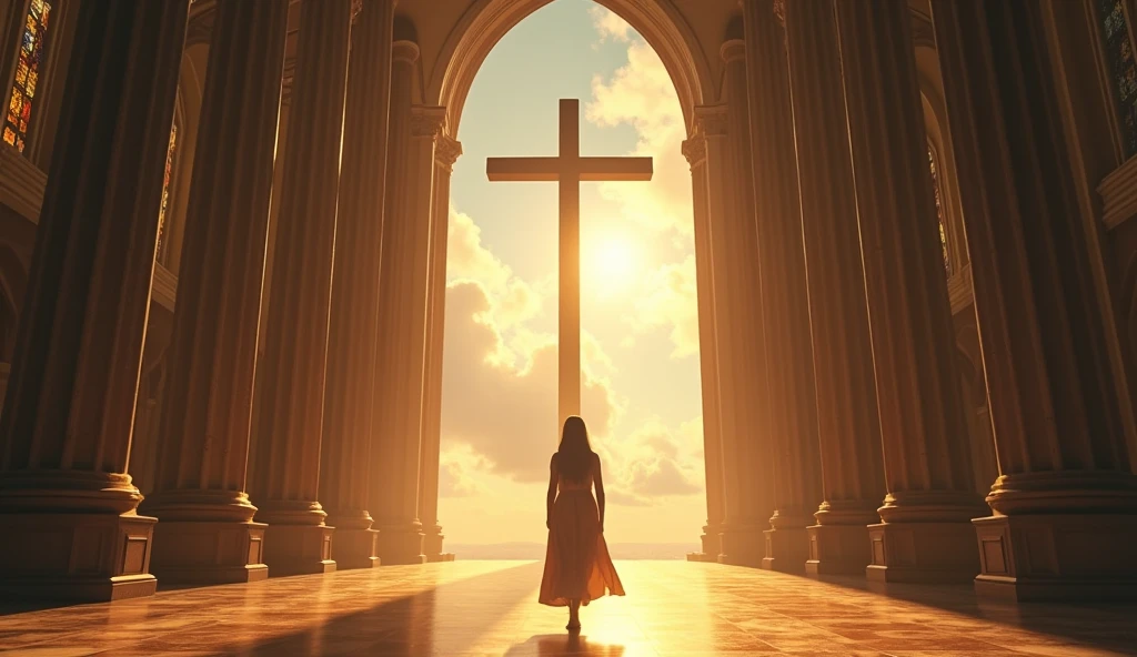 Take a picture of the inside of a collapsed church, only with the cross intact and a woman praying and crying towards the cross