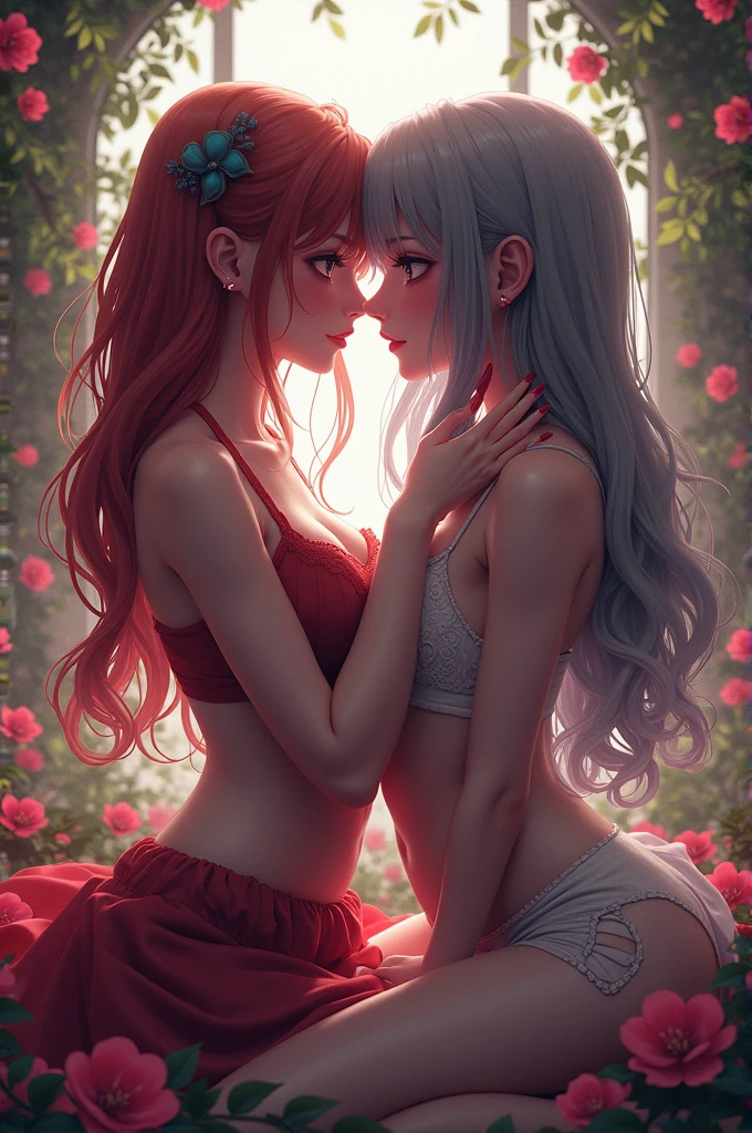 Best quality,Amazing,Masterpiece,Delicate,超高分辨率,Ultra detailed,intricately details,Beautiful detailed,8K resolution,(Extremely detailed Cg Unity 8K wallpaper),Sharp focus,((No text)),breast conscious,Huge bare breasts,Areola bareness,Bare breasts explode,Lively bare breasts,Bare breasts,High transparency and transparency of bikini tearing,,Tongue stock,Makeup,cheerfulness,Reflectors,ahegao,Pink eyes,Heart earrings,2girls,Female pervert,view the viewer,hair flower,Long hair,multicolored hair,Shiny hair,Barefoot,Bottomless,Thick thighs,Bare legs,Look at each other from the front、((Feminine kiss))、(((French kiss for women)))、Women hugging each other,As if pushing each other、Staring at each other、Moist eyes、half-open lips、Beautiful、Red blush(0.2)、Functional、seductiv、Trance、instigate、Beauty、bustup、Shunguang、、Shoot diagonally down from the front、precise drawing、Detailed drawing、Precise anatomy、