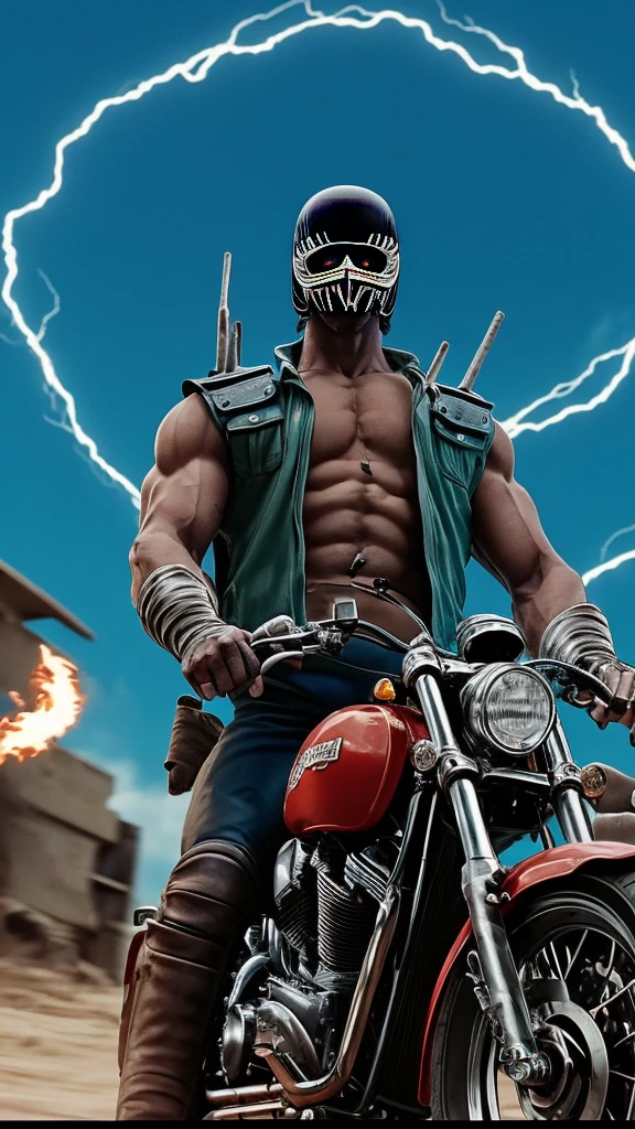 Jagi from Fist of the North Star(:1.5)、1 person、Wearing a helmet、Glaring at me、Glowing Eyes、Stylish Apes Handlebar motorcycleに跨って座る、Park at an angle、Mad Max World、Photograph the bike from below at an angle、Threatening with a flamethrower、wilderness