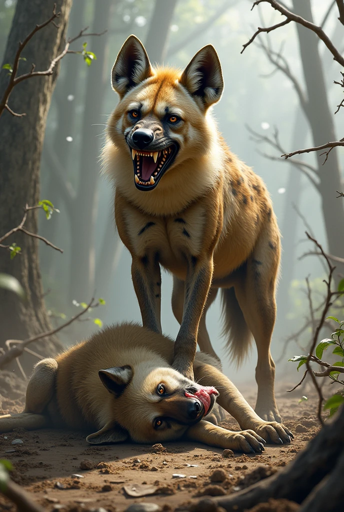 Dogs devouring indigenous people in the middle of nature