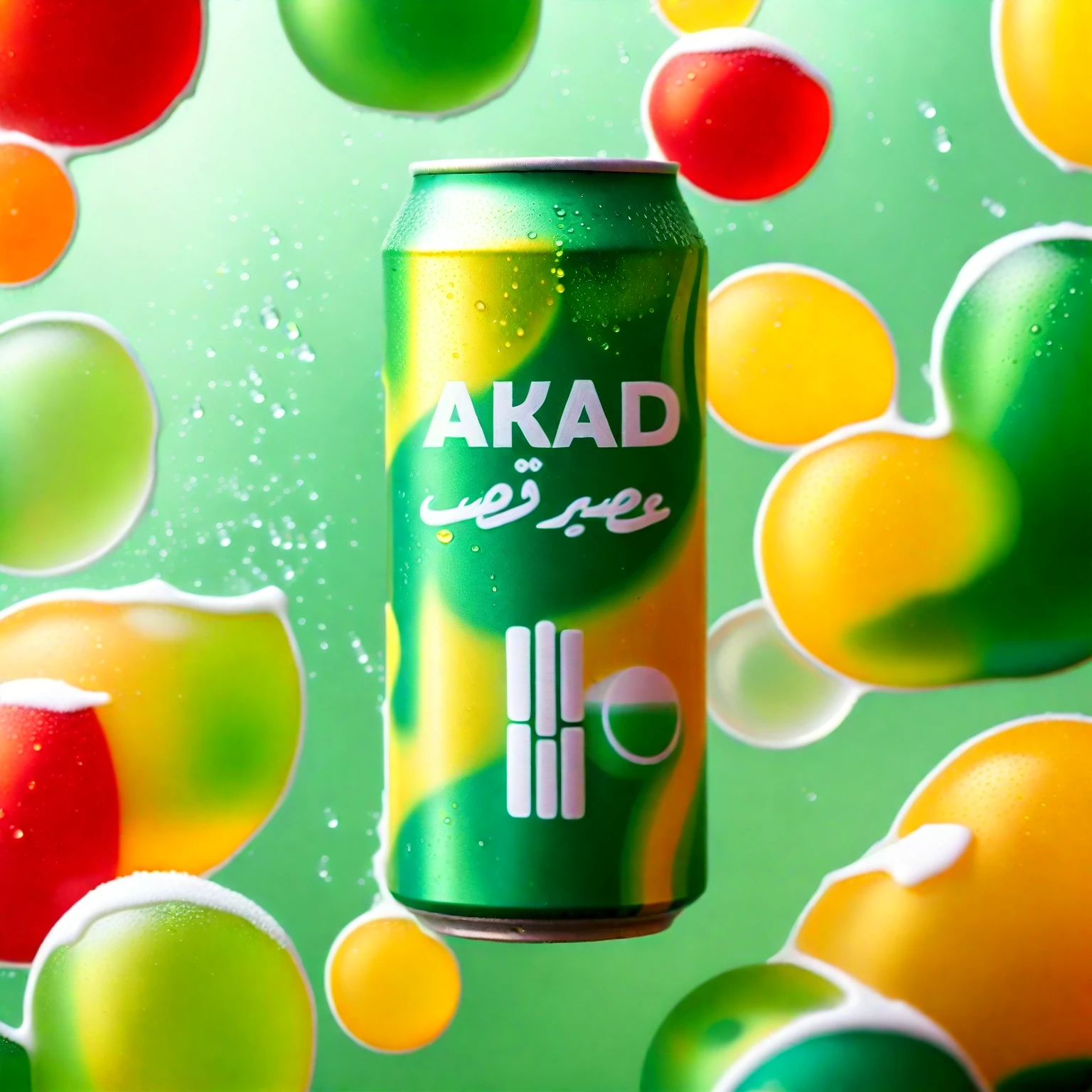 Close-up of a shades of green and yellow and red soda can with a white logo with condensation droplets, surrounded by many ice cubes floating mid-air, vibrant background with soft bokeh effect, shiny metallic texture on the can, crisp and fresh look, 8k --ar 1:1