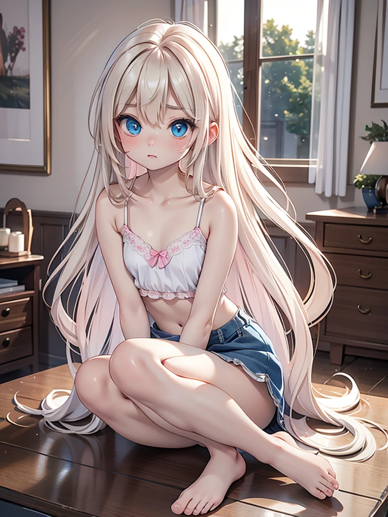 (8k、Highest quality、Best Quality、masterpiece)、Face details、((One person))、Long Hair with Center Part、White blonde、Slender and slim figure、Big Blue Eyes、Troubled expression、Small breasts、((White camisole))、((Pink Panties))、((slouch))、(((Tired and resting his chest on the desk 1.5)))、Look back、Turn your back、Knees on the floor、Shooting from behind、Living Room Background、Full body description、Perfect human body、Perfect legs