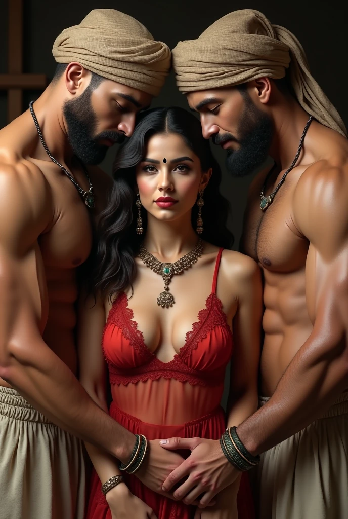 Two hot curvy white milf with long single plaited hairstyle, big breast, big hip, very big ass, thick thighs, perfect body, woman wearing saree, looking at camera, man in middle and two woman, tall indian man and short woman, in room, man with short side fade hairstyle, muscular body, beard, looking at camera, one woman skinny and another woman thick curvy,