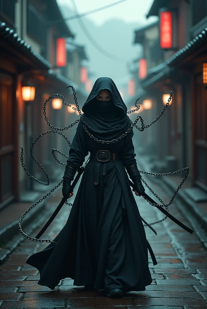 a female ninja in a dark atmosphere, chains flying out from all directions, chains as main weapon, randomized chain movements, chains flying towards the viewer, strong depth of field
