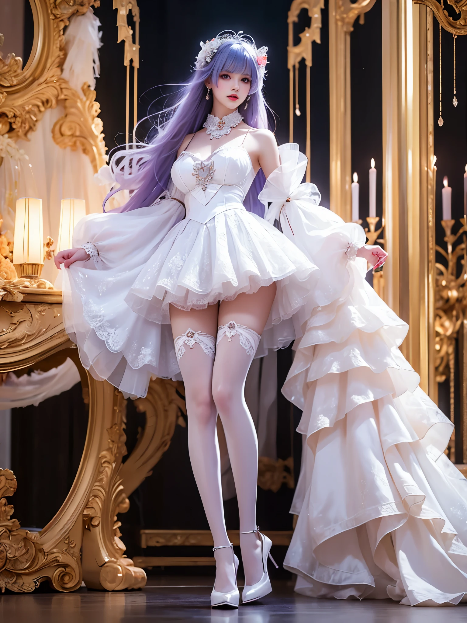 1girl,ahoge,white dress,light purple hair,long hair,white pantyhose,detached sleeves,detached collar, single_side_good, Dark style realistic beauty,Full body shot of young woman, Slim figure, Full breasts, Sitting elegantly, Proportional coordination, (Focus on natural body posture and correct anatomy:1.3), (Perfect leg proportions:1.3)，(True and accurate leg shape:1.2), High heel,Exquisite facial features,Bright and beautiful eyes,Long and thick eyelashes,High nose bridge,Full, rosy lips,Fair and smooth skin,Soft long hair shawl,Smoky Eyes,Understated and gorgeous jewellery,Low-Key Ambience,Side lighting,Strong contrast between light and dark,4k ultra high definition,Professional soundstage,Cinematic