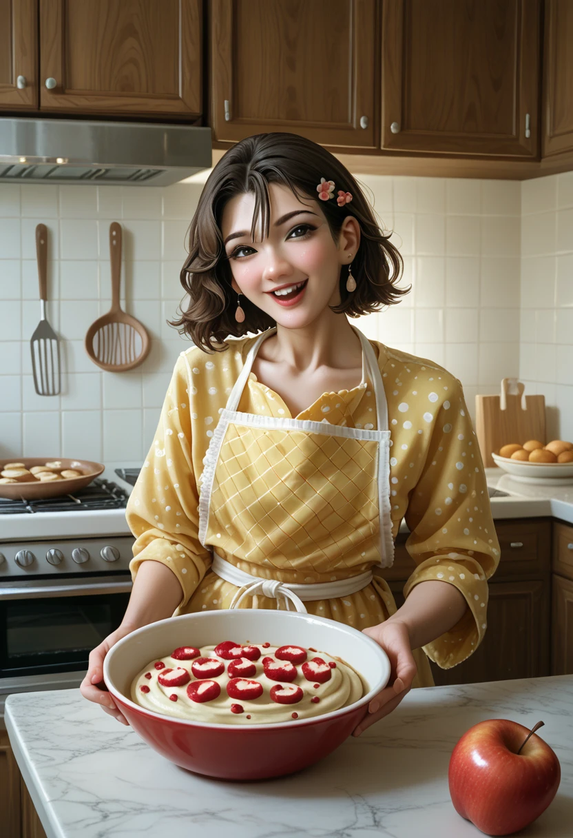 (masterpiece, Highest quality:1.2), (RAW photo), 
(Beautiful  Japanese girl), 
baking an apple tart in the kitchen. 
he is smiling and looking cheerful as she checks the tart in the oven, clearly pleased with her work. 
The kitchen is cozy and warm, with baking ingredients and utensils scattered around. 
The aroma of the freshly baked tart fills the air, 
 The scene captures the joy of baking and a light, cheerful atmosphere.