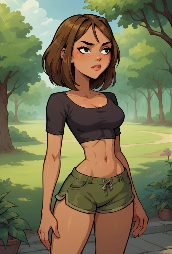 score_9, score_8_up, score_7_up,outdoors,day,sunlight, Courtney, 1girl, brown hair, solo, dark skin, black_eyes, freckles, dark-skinned female, nano crop top, nano short shorts