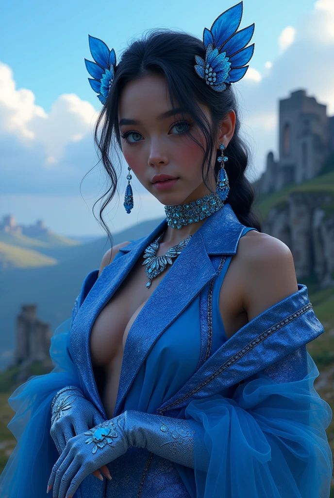 swordism, 4hewe, 1girl, feet out of frame, sitting, 20 years old, beautiful chinese girl, detailed face, asymmetrical bangs, (forehead jewel, long wavy hair, black hair, facing viewer, small face, happy, smile, pink eyes, lipstick, brush, long winged eye liner, long eyelashes, nose contouring, symmetrical eyes, chiselled jaw line), (hands on own cheeks), ((curvy, large breasts:1.2), defined abs, narrow waist), (nice hands, perfect hands), (jacket, bodysuit, denim shorts, choker), high detail skin, real skin, (blue sky, cloud, mountain, falling petals, flowers, sun light, backlighting:1.4), (masterpiece, top quality, best quality, official art, beautiful and aesthetic:1.2), extreme detailed,((colorful refraction)), (beautiful detailed sky), Life optical flow,((dark intense shadows)), ((cinematic lighting)), ((sharp focus)), ((masterpiece)), ((best quality)), epic cinematic, soft nature lights, rim light, absurd, amazing, hyper detailed, ultra realistic, soft colors, <lora:Forehead_wear:0.4> <lora:GoodHands-vanilla:1> <lora:more_details:0.3>