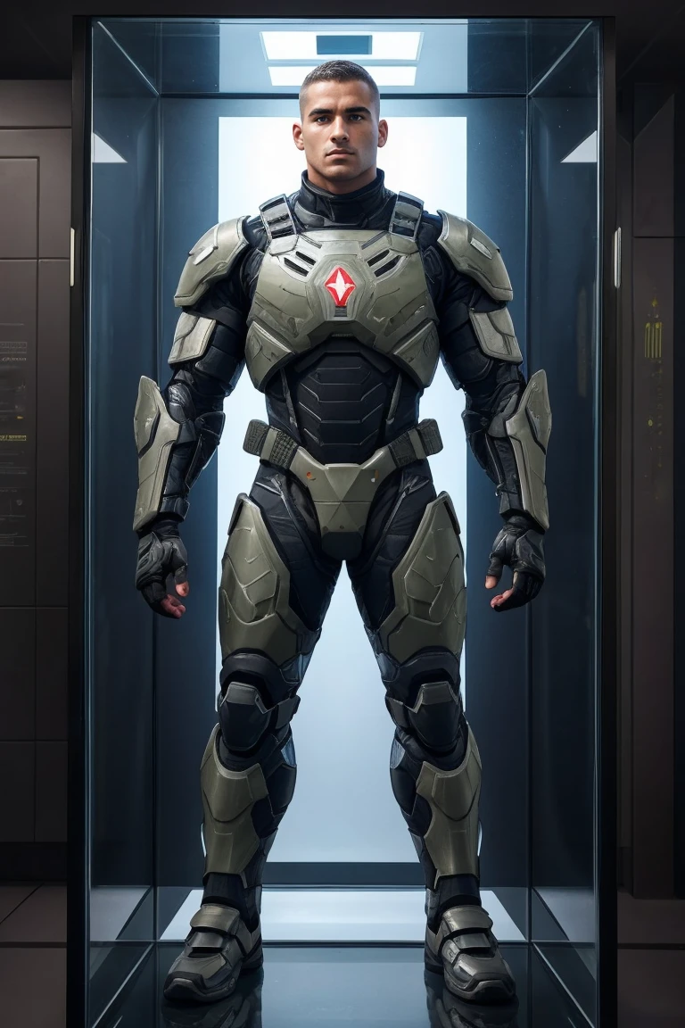 arafed man in a military uniform standing in a glass case, combat suit, full-body armor, intimidating full body armor, future soldier clothing, full body armor, body armor, advanced technology flight suit, soldier outfit, sci - fi armour! muscular, full soldier clothing, fullbody view, wearing human air force jumpsuit
