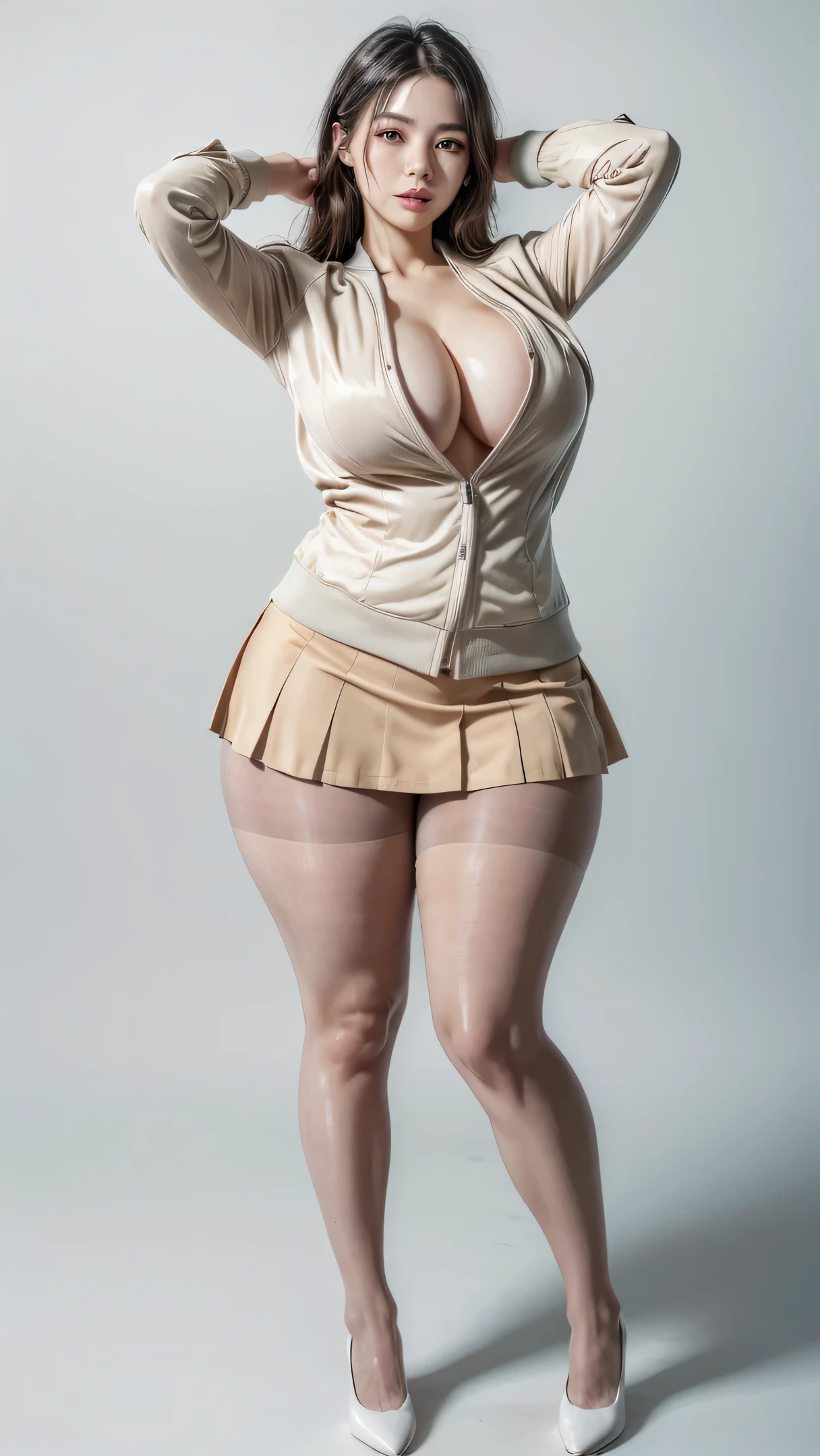 office lady、career woman、secretary、Fat girl、Full body portrait、Hands on hips、Stand with your feet shoulder-width apart、Simple white background、High heels、Standing on tiptoes、woman、Brown Hair、short hair、Very fat、一人のwoman、