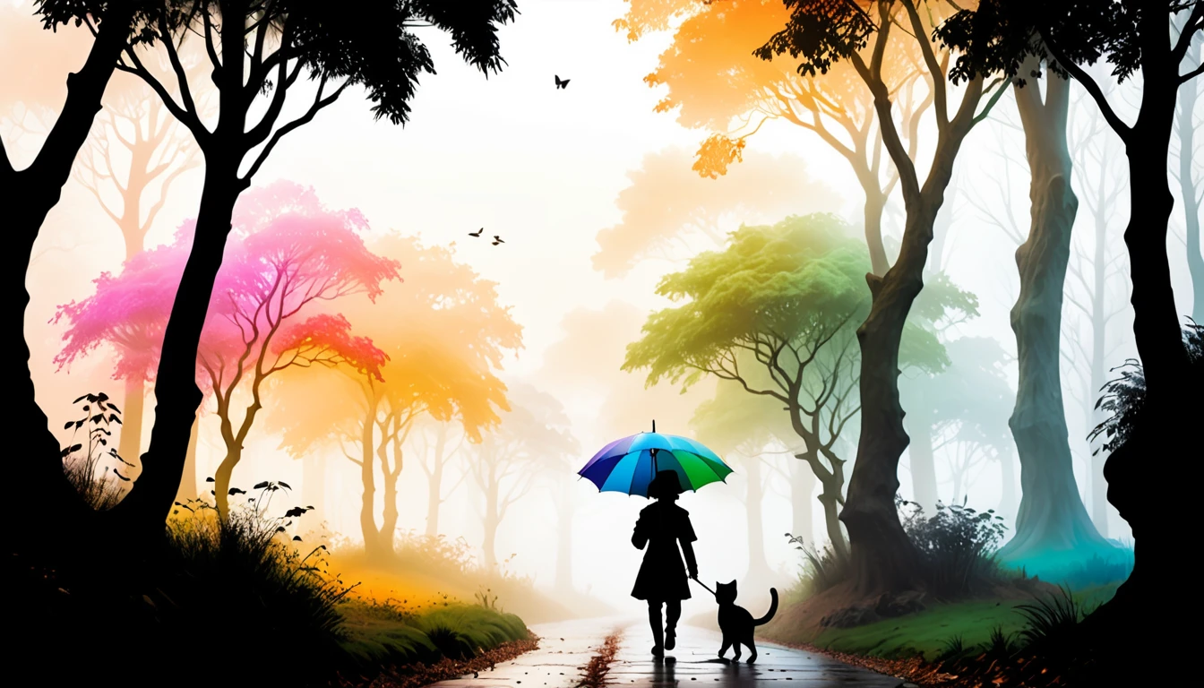 (photo cinematic), Park or forest landscape with trees and plants shrouded in mist, silhouette of anthropomorphic kitten walking with colorful umbrella drawn in soft tones, expressing the relaxing feeling of walking alone in nature, 2D, Jean-Baptiste Monge style, Alan Lee style