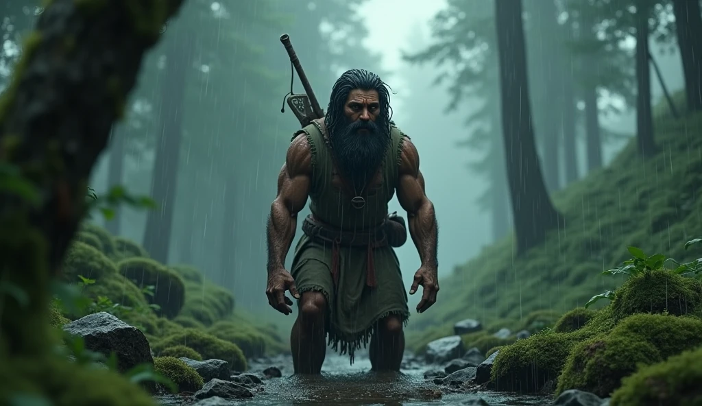 Tall man, stark, middle-age, with mud on the body, with moss green cover, coming out of the swamp, goat&#39;s left leg 