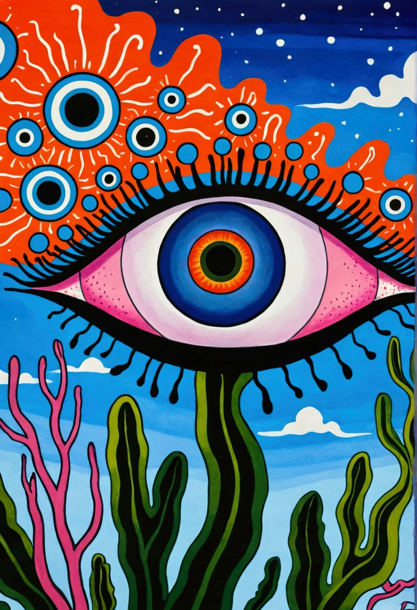 a painting of an eye with a sky background and a seaweed, whimsical and psychedelic, psychedelic illustration, trippy art, psychedelic painting, psychedelic aesthetic, psychedelic trip, mystical third eye, psychedelic cosmic horror, visionary art style, surreal psychedelic design, psychedelic acid trip, psychedelic surreal art, psychedelic, evil realm magic painting vibes, detailed dreamscape, psychedelic art, very trippy and abstract