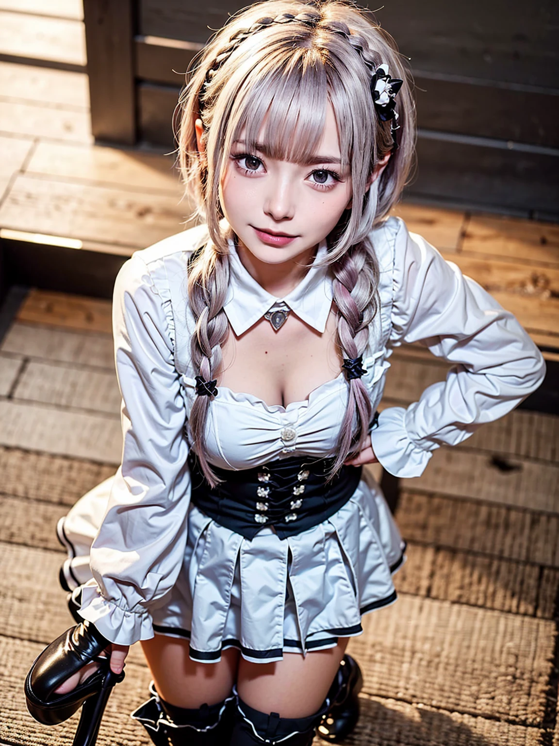 (realistic:1.3), finely detailed, quality, rembrandt lighting, (masterpiece:1.2), (photorealistic:1.2), (best quality), (detailed skin:1.3), (intricate details), dramatic, ray tracing, 1girl, japanese girl, chloedef, 21 years old, detailed skin texture, (blush:0.5), (goosebumps:0.5), subsurface scattering, smiling, medium breasts, short hair curls, bangs, hair between eyes, white hair, choker, neck chain, collarbone straps, straps, white frilled top, off-shoulder jacket, red pleated skirt, cowboy shot,(bright sunny day), <lora:chloe1:1>