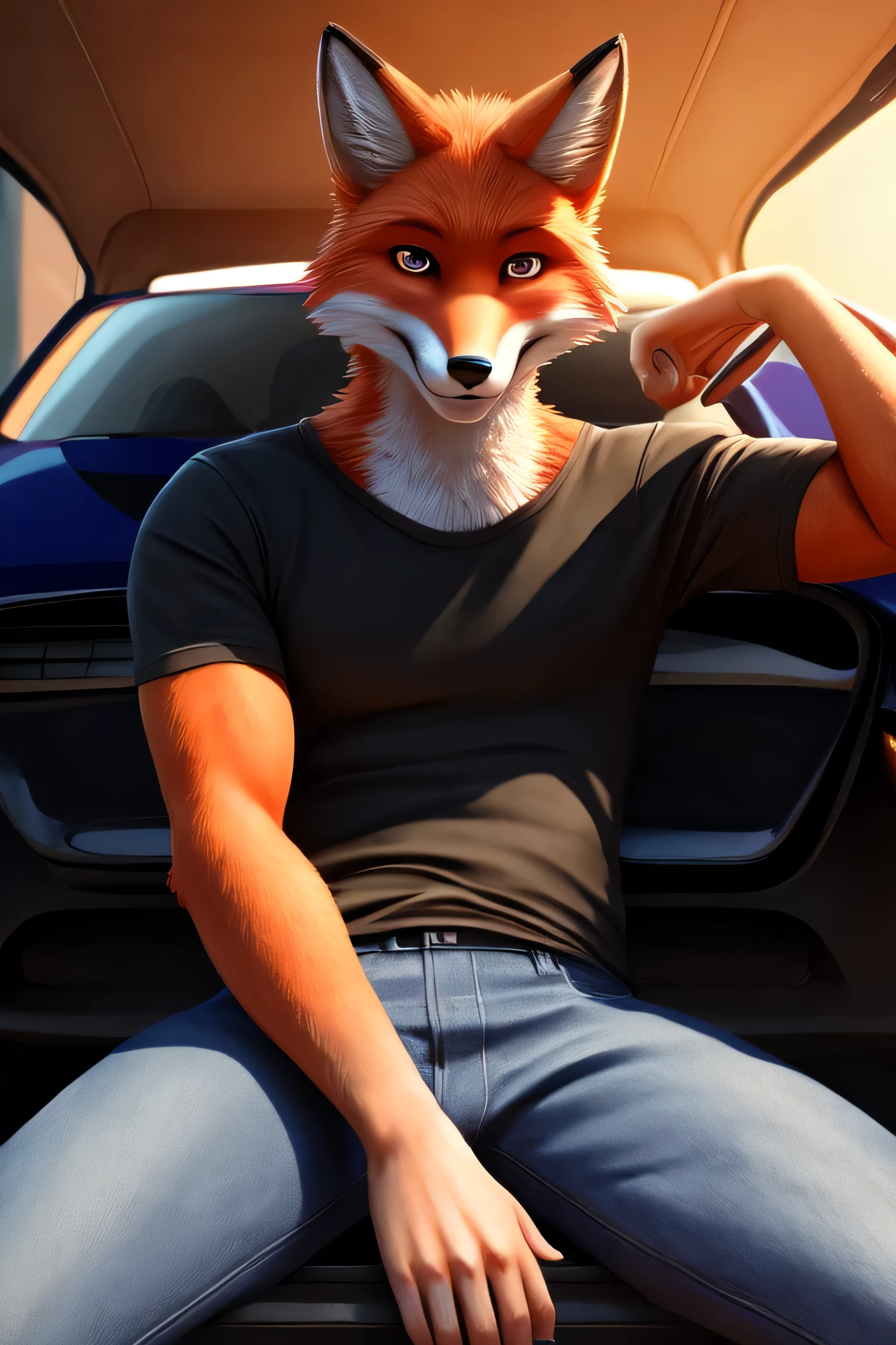 A fursuit Fox male muscular 18 year old ager alone in the car nude looking at the viewer and green eyes taking a selfie before recording a porn movie 