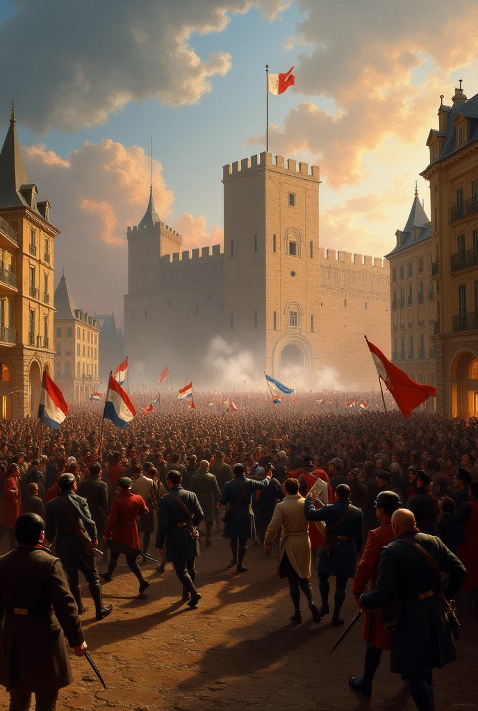 painting of a large crowd of people standing in front of a building, french revolution, revolutionary art style, fall of the ancien regime, by Horace Vernet, by Henri Bellechose, by Édouard Detaille, by Stanislas Lépine, (jean jules linden), jules julien, by Vincenzo Cabianca, leon francois comerre