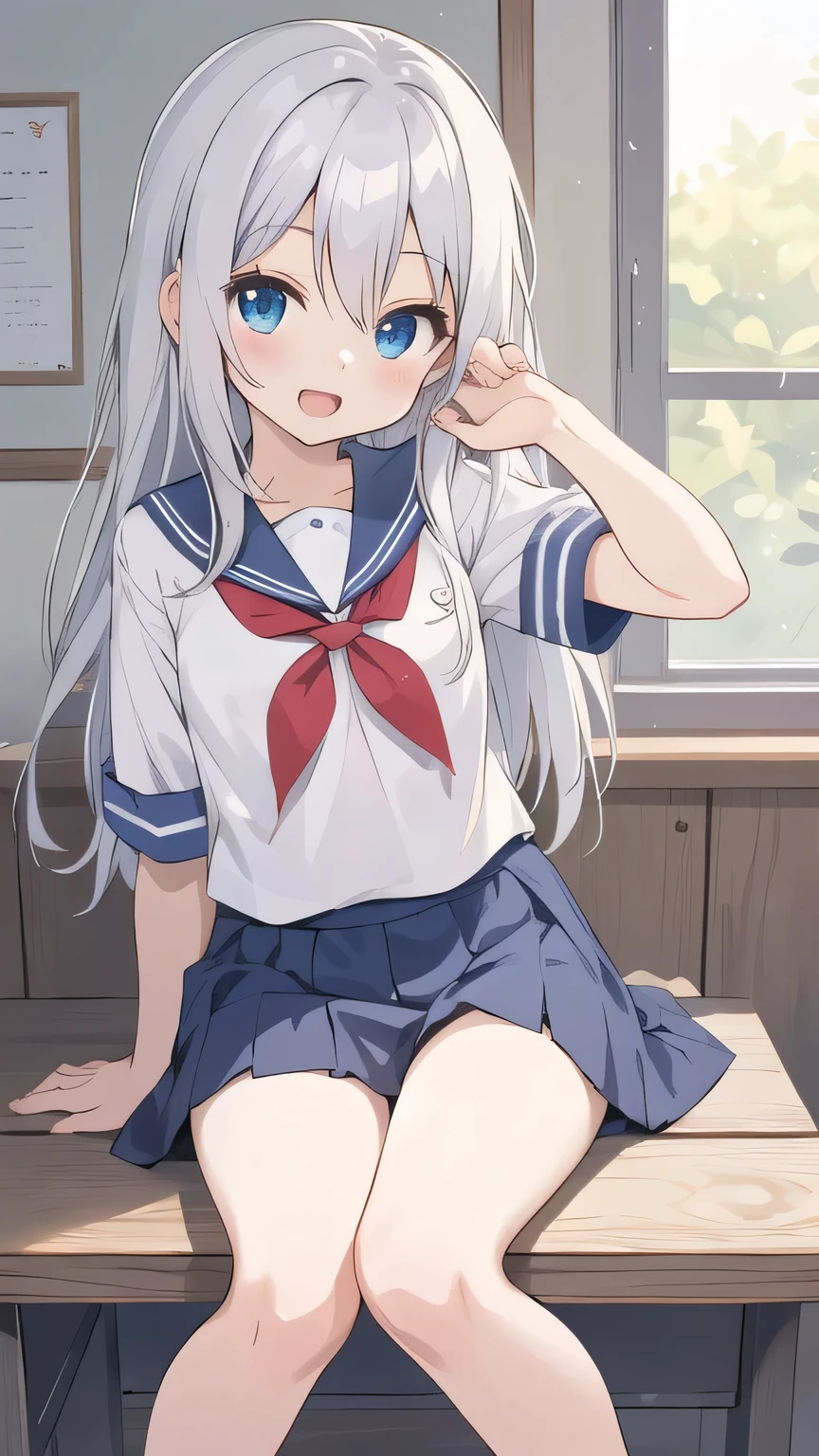 cute girl, アニメ, silver hair, straight hair, Blue eyes, (young:0.9), (small bust:0.5), (cute:1.3), (middle bust:0.8), (cute girl:1.2), cowboy shot, cute, side shot, (Smail:1.3), open mouth, backwards, (sit down:1.5), (open leg:1.4), (spread leg:1.4), white school uniform, dark blue skirt, ローアングル, close eyes