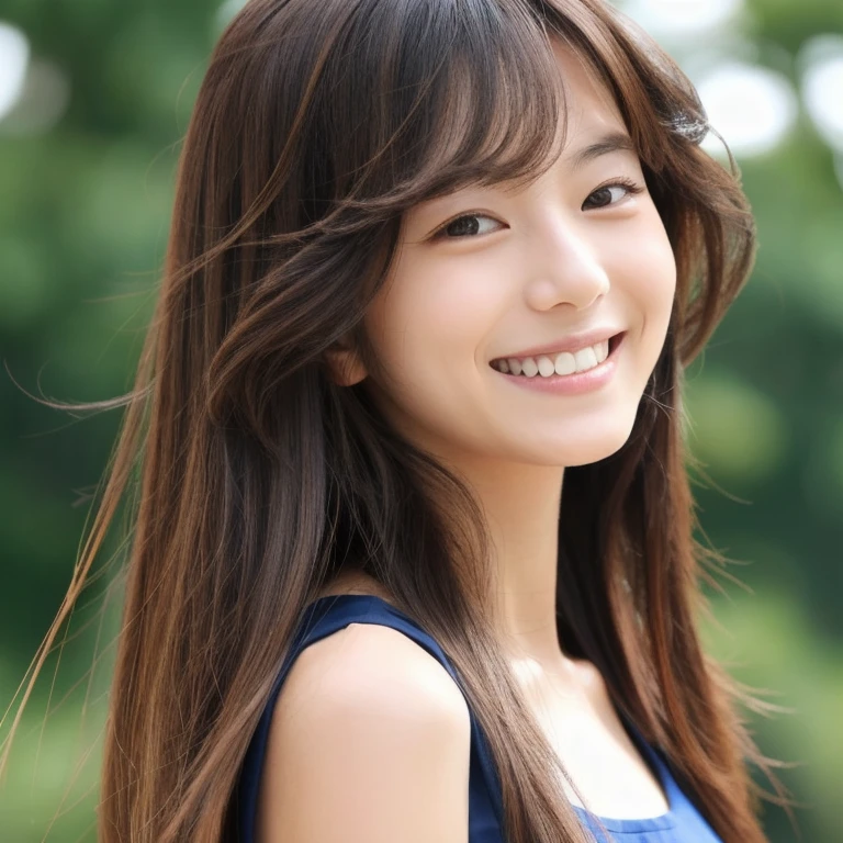 Japanese women　1　A photo of just one person　Small face　front　Her hair is brown and silky long.　Hair blowing in the wind　Wearing a black sleeveless shirt　The eyes have double eyelids　Smile　Peace sign