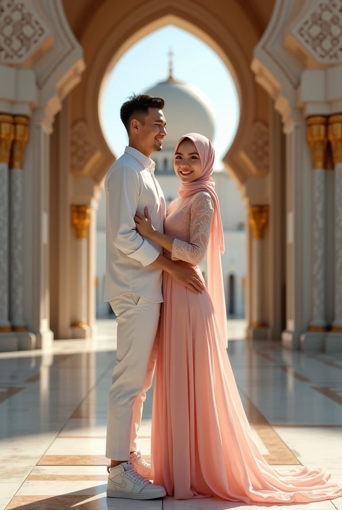 Realistic of pilipino couple wedding ,the boy wear a black attire and girl hijab,pink gown wedding.the background is sand.