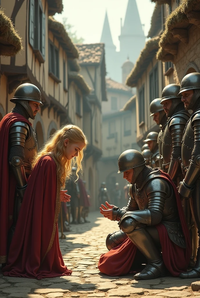 The princess is giving the title of nobility to the knight , she has the sword in her hand in a soft but firm way , the knight is crouching with his head bowed , and in the background there is an audience