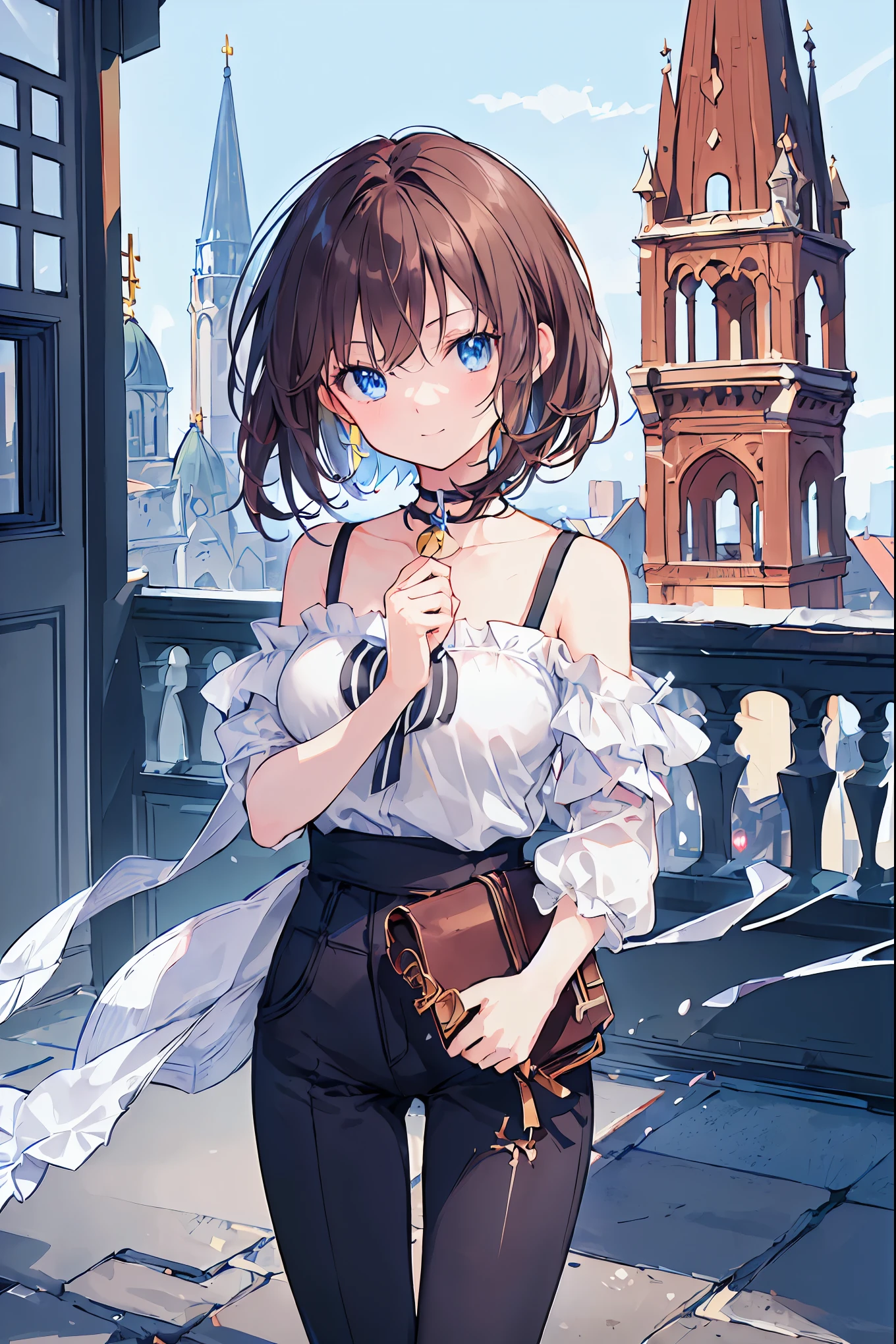 ((masterpiece)), (anime:1.5), ((Best Quality)), (RAW Photos:1.2), (High resolution:1.3), (Professional photography:1.2), (chromatic aberration), One Girl, (()), (Serious), (Her mesmerizing grey-blue eyes shine like stars.), Observe the audience, Plain Shirt, O-ring, Disheveled Hair, Medium Hair, (Put your hands in your pants), ((Take off your work pants)), Light Brown Hair, (Small breasts), Cute waist, Outdoor, ((Top of the big bell tower)),View of the Sagrada Familia,International Travel,Brown suitcase,The wind is blowing,Spanish House,Tourist destinations in Spain,church,Brown Hair,Shortcuts,My hair is messy,Short braided hair,Neat,Slender beauty,Hall々A positive attitude,Small breasts,Beautiful legs,Vibrant colors,Beautiful Eyes,A delicate smile,Textured skin,Best Qualityを最高の形で,A kind and beautiful woman,anime風、