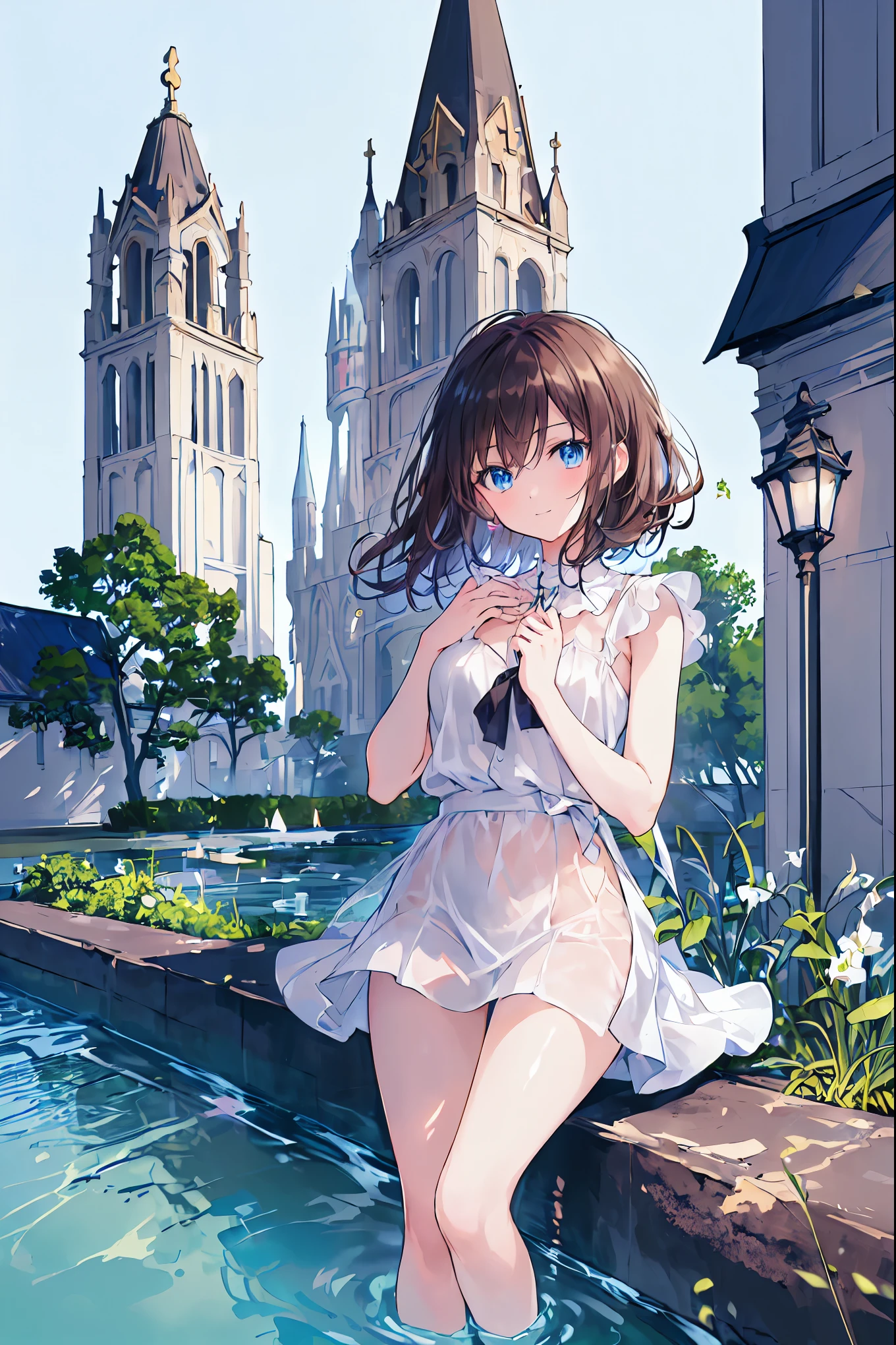 ((masterpiece)), (anime:1.5), ((Best Quality)), (RAW Photos:1.2), (High resolution:1.3), (Professional photography:1.2), (chromatic aberration), One Girl, (()), (Serious), (Her mesmerizing grey-blue eyes shine like stars.), Observe the audience, Plain Shirt, O-ring, Disheveled Hair, Medium Hair, (Put your hands in your pants), ((Take off your work pants)), Light Brown Hair, (Small breasts), Cute waist, Outdoor, ((Top of the big bell tower)),View of the Sagrada Familia,International Travel,Brown suitcase,The wind is blowing,Spanish House,Tourist destinations in Spain,church,Brown Hair,Shortcuts,My hair is messy,Short braided hair,Neat,Slender beauty,Hall々A positive attitude,Small breasts,Beautiful legs,Vibrant colors,Beautiful Eyes,A delicate smile,Textured skin,Best Qualityを最高の形で,A kind and beautiful woman,anime風、