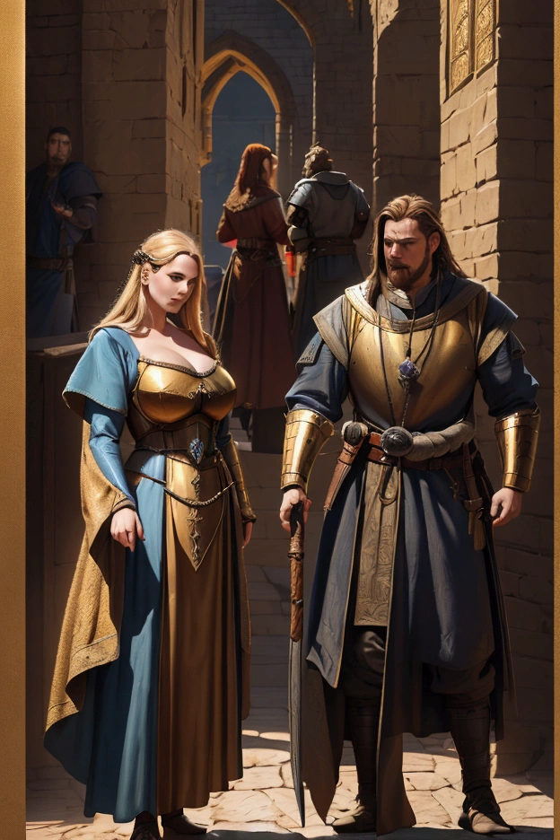 extremely detailed poster image of four characters two men and two women, ((medieval style, rpg character class)), 8k uhd, RAW photography, digital painting, ultra detailed, golden ratio