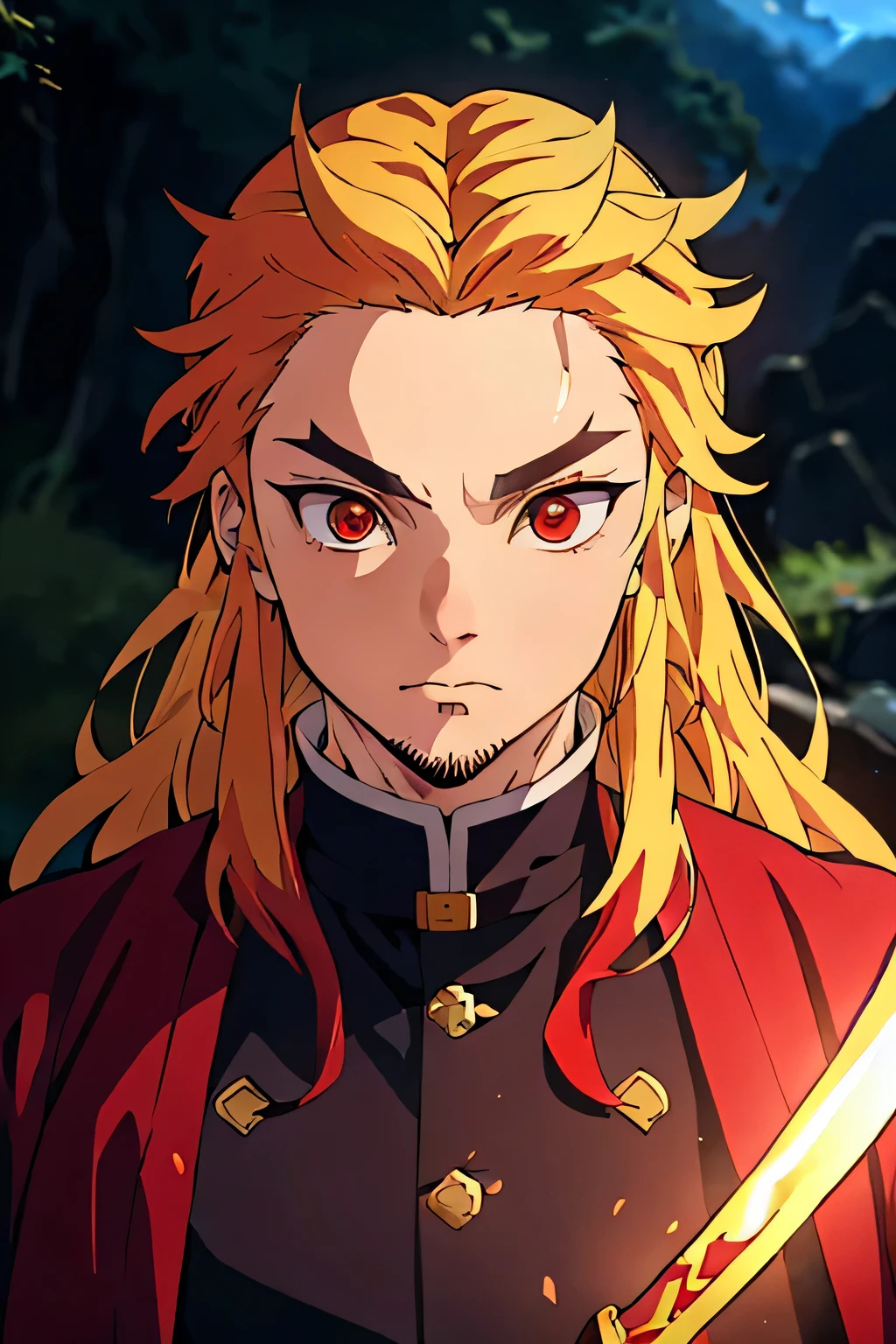 A detailed, blonde hair and striking red highlights, dressed in the style of the Demon Slayer anime, holding a katana sword, beautiful detailed eyes, extremely detailed eyes and face, intricate hairstyle, portrait, highly detailed, 8k, photorealistic, cinematic lighting, vibrant colors, dramatic atmosphere, fantasy concept, male, demon slayer, red hair, male, 3, middle aged, pointed eyes, red beard, messy long hair, MALE, masc, small eyes