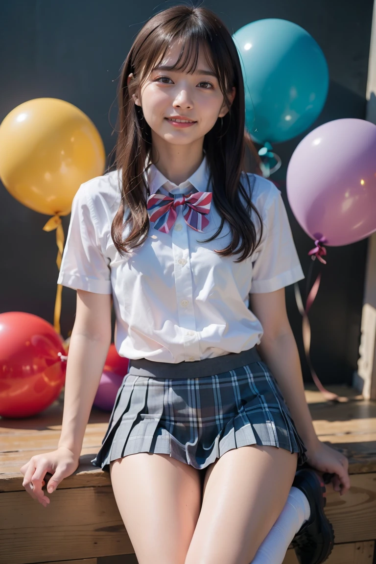 (detailed face), grin, 1girl, beautiful woman, young woman, 18yo, extremely beautiful detailed eyes, shiny lips, (white shirt, short sleeves, bowtie, plaid miniskirt, pleated skirt, bare legs, thighs, socks, loafers, school uniform:1.2), background High tone color, (background a lot colorful balloon:1.2) 


(best quality), 8K, (realistic), ultra high res, extreme detailed, masterpiece, cinematic lighting