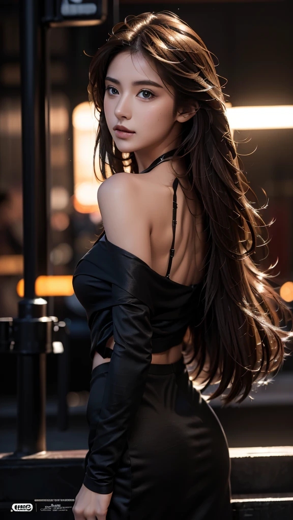 Full face portrait photo of a 25-year-old European girl, RAW, beautiful woman, semi-open strawberry lips, dimples, wistful look, (extra long wavy brown hair), ((detailed face)), ((detailed facial features)), (finely detailed skin), pale skin, (deep neckline detailed high-tech cyberpunk dress), cyberpunk megacity environment, (cool colors), damp, damp, reflections, (masterpiece) (perfect proportion)(realistic photo)(best quality)  (detailed) shot on a Canon EOS R5, 50mm lens, F/2.8, HDR, (8k) (wallpaper) (cinematic lighting) (dramatic lighting) (sharp focus) (intricate), RAW photo, RAW photo, gigachad photo, posing for camera, black jeans, back arms, 8k uhd, dslr, high quality, grain film, Fujifilm XT3