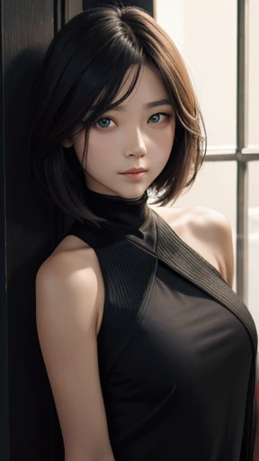 (Masseter muscle area), Realistically, Photorealist, A Japanese beauty, Beautiful Face、A vivid face、Short black hair、Beautiful Hair、Lips parted, Realistic Skin、Beautiful skins、Charm、Cute blouse、 Upper body,Detailed,Dark Background,Backlight、