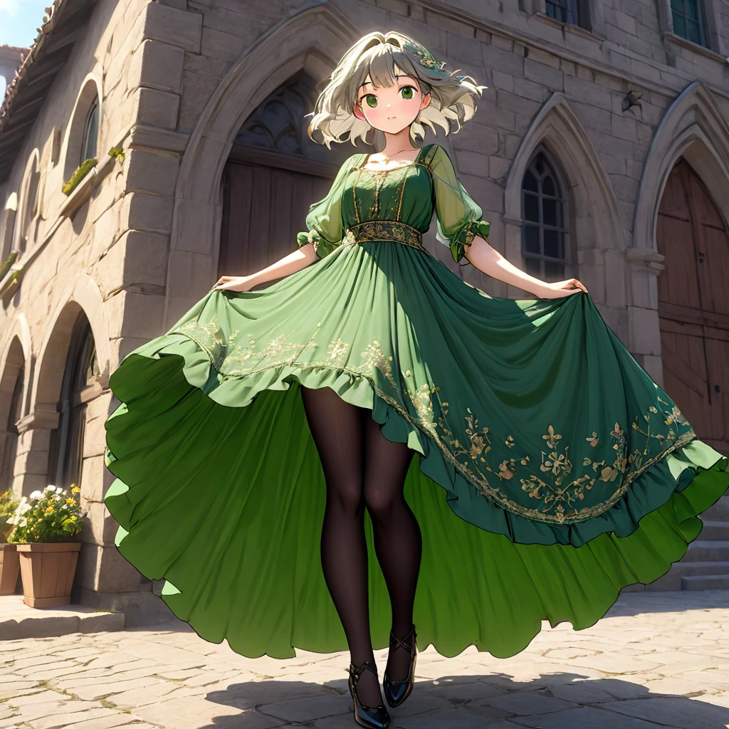 (Highly detailed CG Octane render 8k wallpaper),  Girls Underwear, You can see real bloomers made from cotton fabric.., Medieval green translucent long dress with panniers, Fabric Realism, Low - Angle,  Pull up the dress by hand, Strong winds, Translucent slip, Translucent slip, tights, Highest quality, whole body, I can see your thighs, Silver and gold embroidery