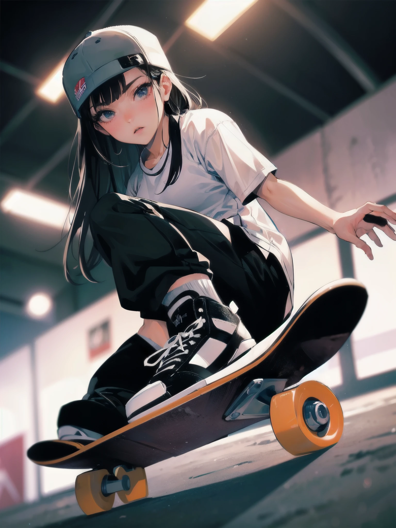 pornographic pose (spreading one's legs open wide with knees bent, creating the shape of the letter 'M'),Skateboard protection,from below,cowboy shot,,Dutch Angle,solo,1girl, ,{{kneepad:1.8}}, {{elbow pad }}, {{knee protector:1.8}}Focus on the thighs,{{Very slim legs:1.6}},masterpiece, (Textured skin), Highest quality, Gorgeous beautiful, slim body,(Female skateboarders),Elbow and knee protection,Detailed clothing,Small breasts,Tight waist,, (Beautiful Face),Loose fitting Denim shorts knee protector Loose fitting T-shirt baseball cap, Leg spread BREAK sit ,Skateboarding venue, Full Body sitting cross-legged clavicle