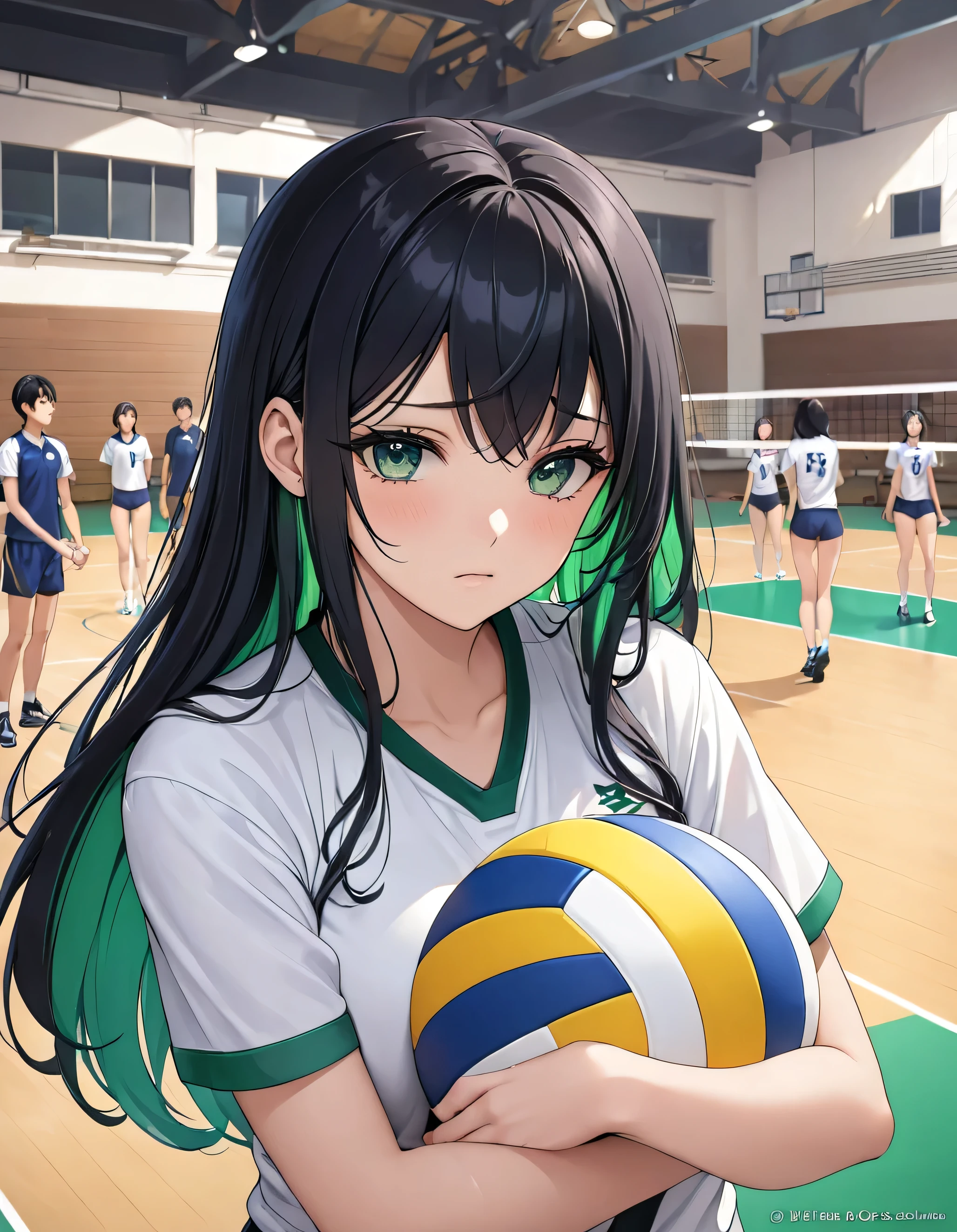 ((Best Quality, 8k, masterpiece: 1.3)),people間の女の子,１people,１peopleで,((Petite,Glamorous Body,Curvy)),cute,((A serious look at the ball)),((Black Hair)),Long Hair,Beautiful emerald green eyes,((His gaze was fixed on the volleyball.,Inside the school gym,Volleyball match,Make a receive,Face the court)),