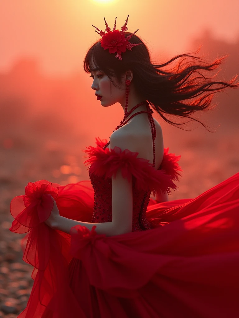 Full body shot of an painting of beautiful asian woman in red princess dress with abstract painting splash, best dynamic pose, gaze at the camera, dark background. Artist:{ramdomly selected}. Amazing painting splash distorted, Stunningly beautiful painting, stunning abstract background, Shot on Sony Alpha α7CR full-frame, photorealistic, realistic human, UHD 1536px, high quality photos.